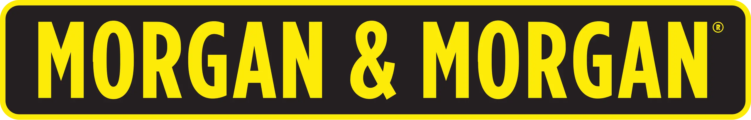 Horizontal version of the Morgan & Morgan logo with yellow uppercase text on a black rectangular background, bordered by yellow. Ideal for website banners or wide-format branding.