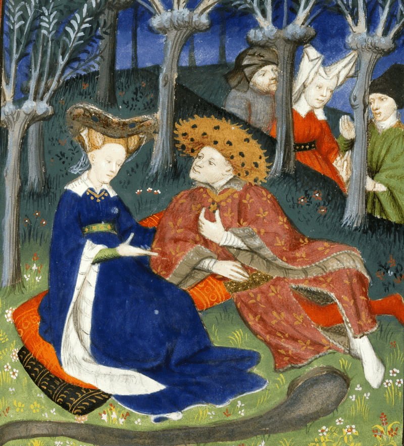 A medieval couple sits together in a forest, engaged in conversation, surrounded by dreamy trees.