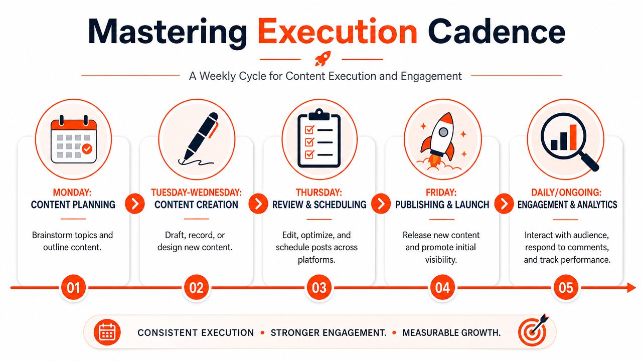 A weekly content execution cadence chart for managing, creating, and publishing digital marketing and social media content.