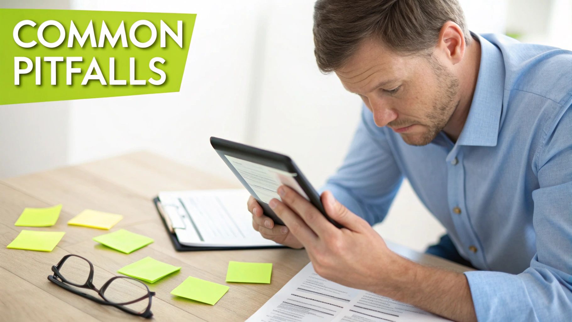 A man intently reviews documents on a tablet at a desk with sticky notes, next to a 'COMMON PITFALLS' banner.