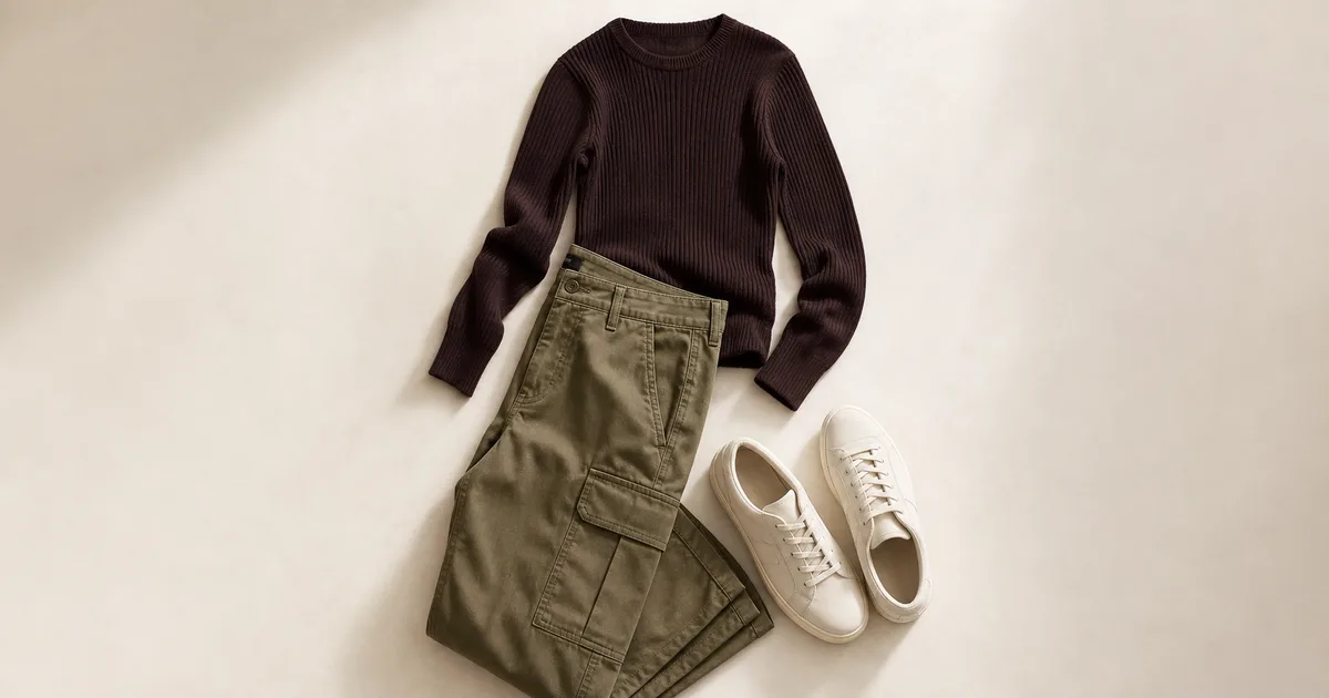 cargo pants + fitted knit + slim sneakers arranged on a warm ivory background