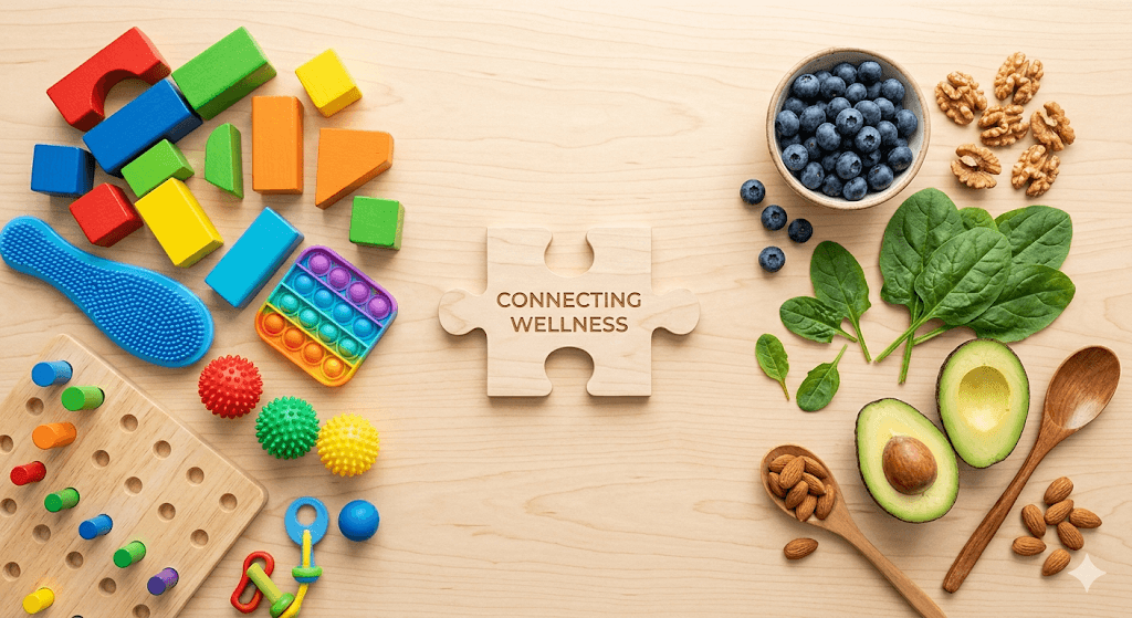 A beautiful, conceptual flat-lay image on a clean, light-wood background. On one side, colorful therapy tools (like building blocks and a sensory brush); on the other side, fresh, brain-healthy foods (blueberries, walnuts, spinach). In the center, a wooden puzzle piece connects the two sides. High-quality, bright, and reassuring lifestyle photography.