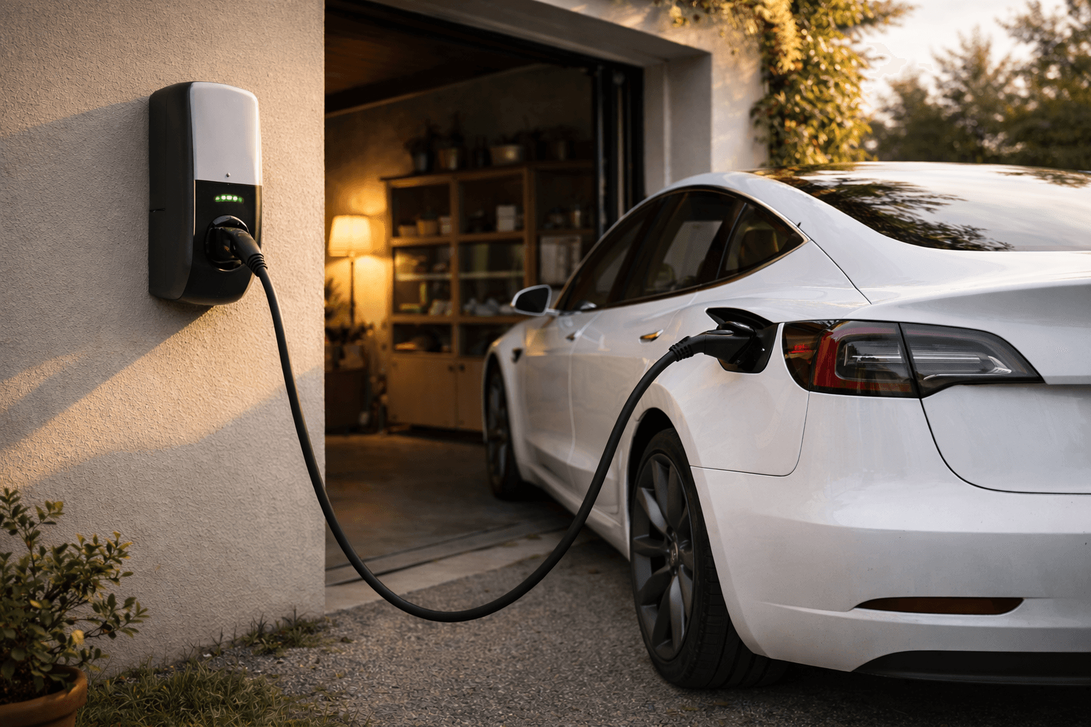 Colonnina di ricarica domestica per veicoli elettrici, con un'auto bianca collegata in un'atmosfera calda e serena.