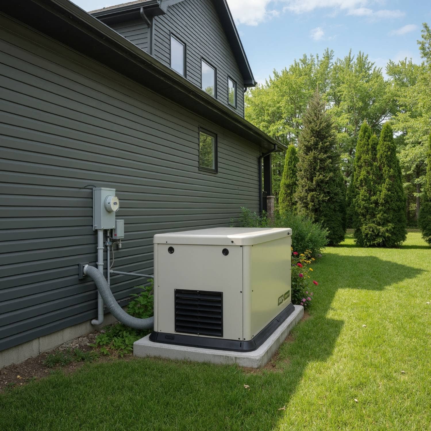 Génératrice extérieures sur le côté d'une maison moderne entourée d'arbres