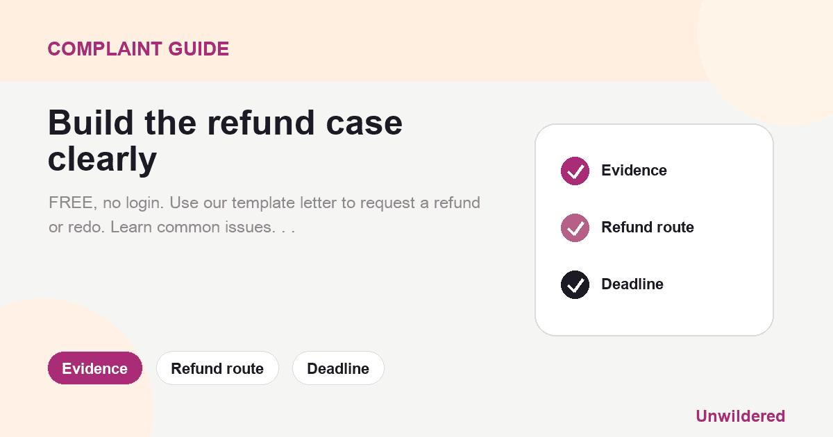 Explainer card for Laser and IPL Treatment Complaint Template Letter for Refund or Re-Treatment: Evidence, Refund route, Deadline.
