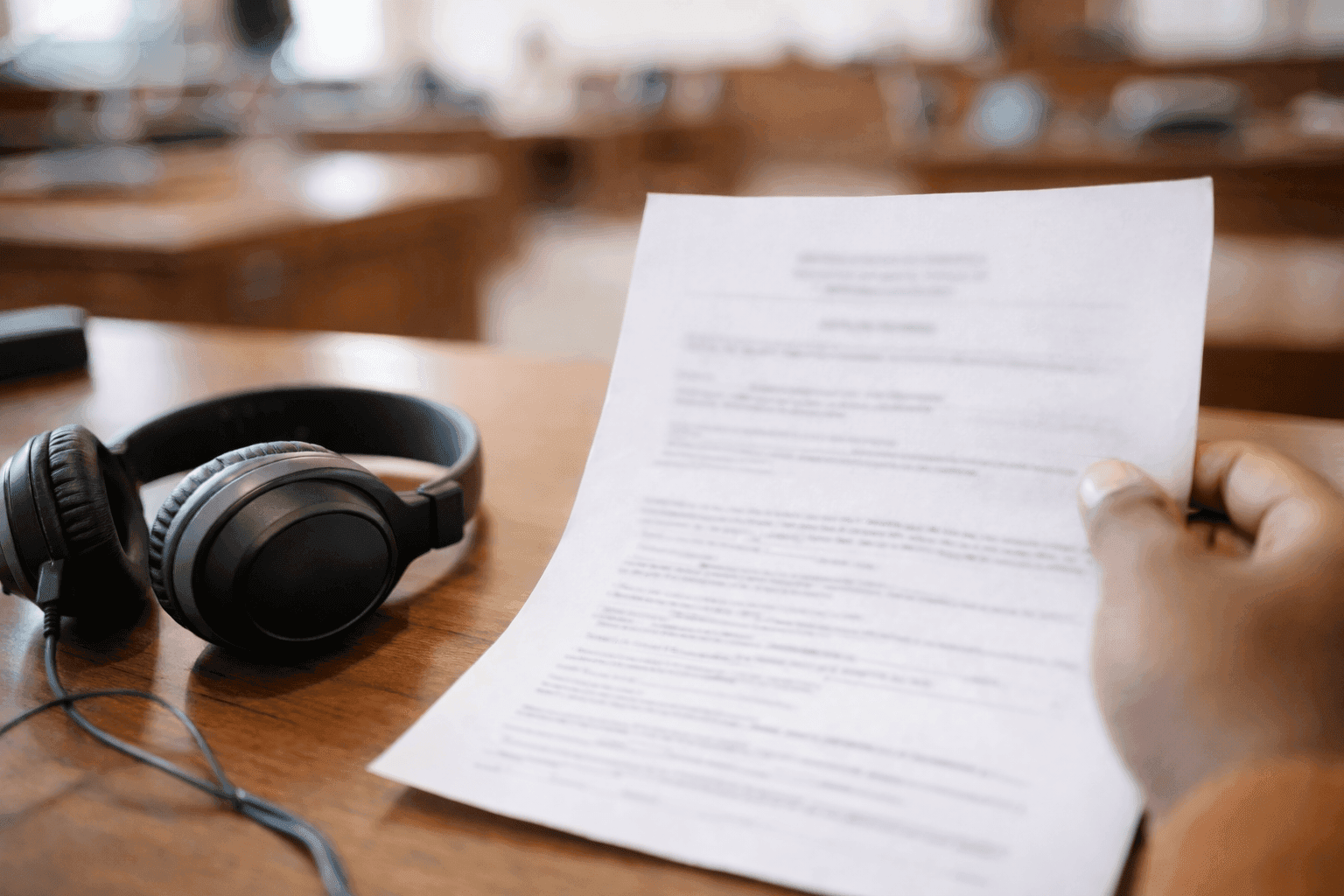 A person holds a printed document with blurred text, while a pair of black headphones rests on a wooden desk in a classroom setting.