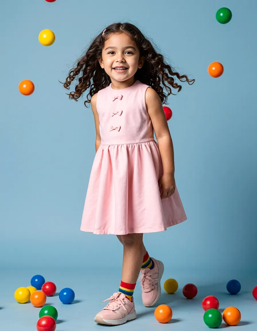 Pink dress with bow details against light blue background with colorful balls, showcasing cheerful children's fashion photography