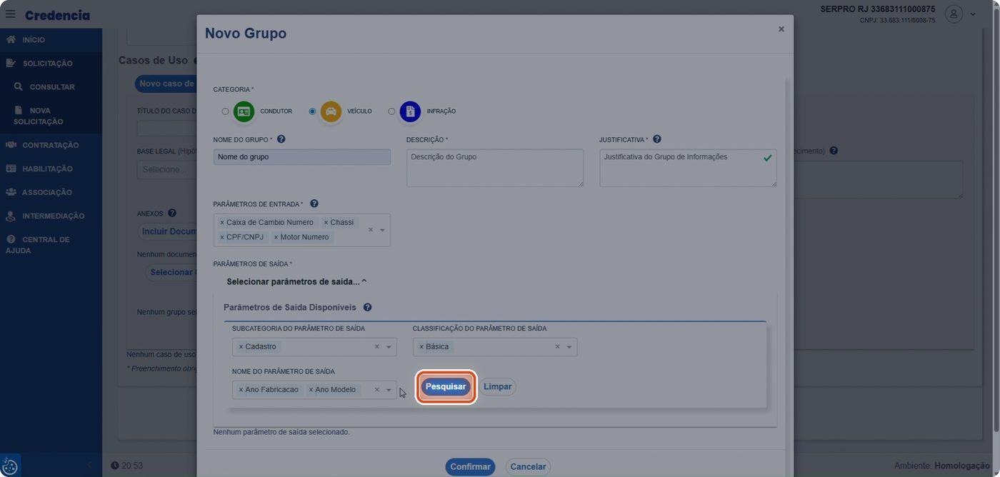 Captura de tela de referência do Credencia para Passo 3 — Pesquisar parâmetros de saída. Contexto: 22 — Parâmetros de Saída.