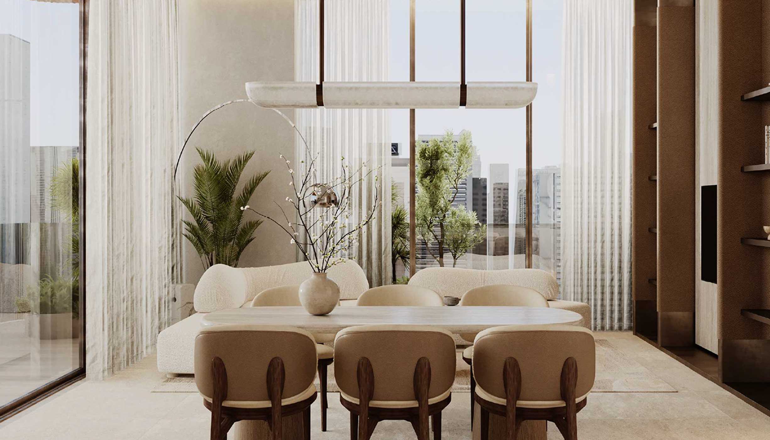 Modern living room at Helvetia Verde featuring a panoramic view of the city skyline through large windows.
