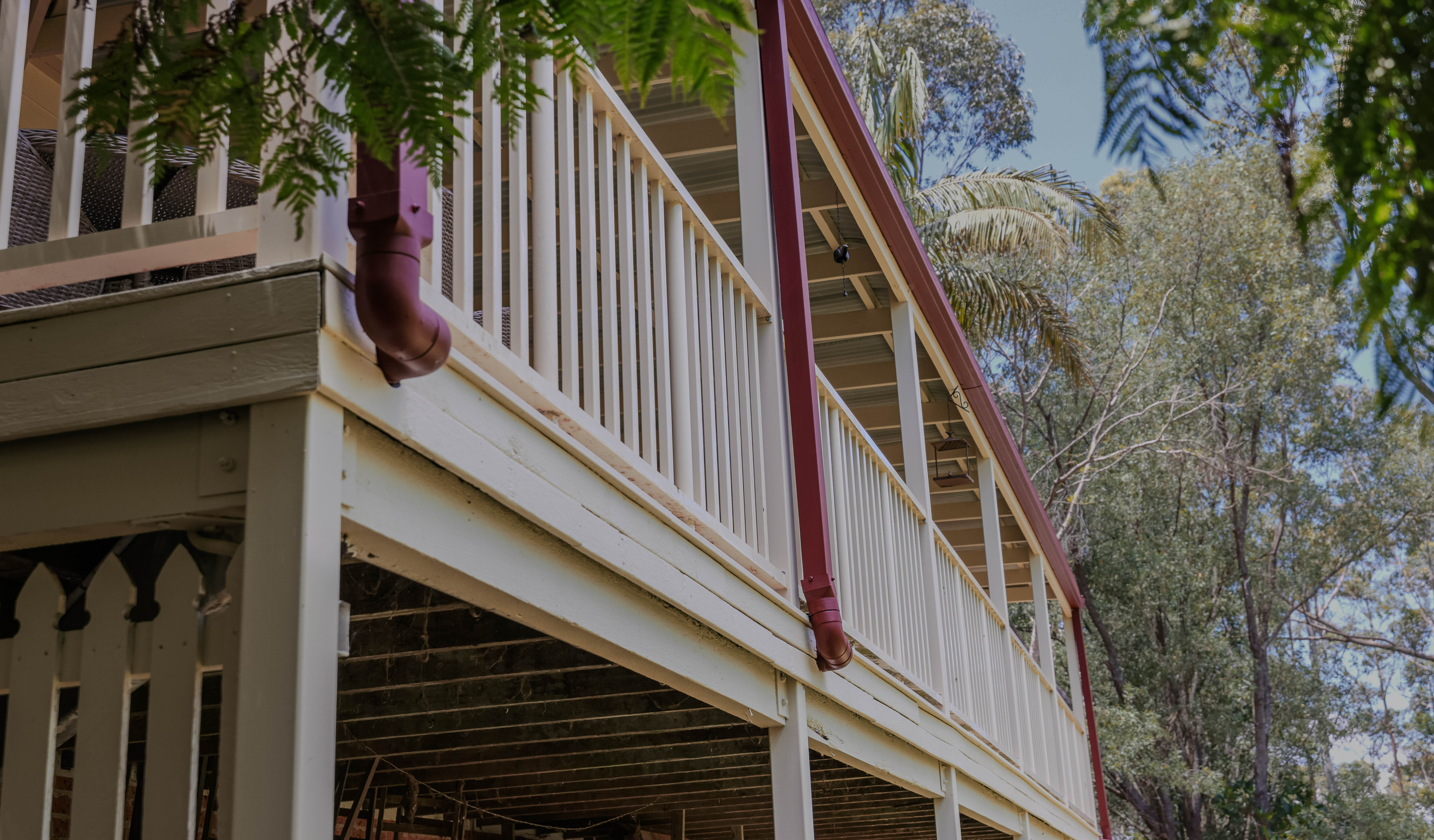 White timber balustrade and deck with tropical Queensland foliage — fence and deck painting, Gold Coast