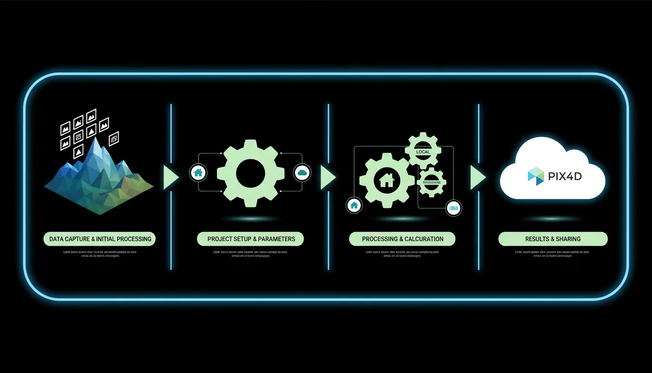 A horizontal infographic workflow diagram for Pix4D photogrammetry software, presented in four steps from left to right on a solid black background. The entire diagram is framed by a thin, glowing blue rounded rectangle. Each step is separated by a vertical line and a large light-green arrow. Step 1: an isometric low-poly mountain terrain with a grid of image icons floating above. Step 2: a large light-green gear icon with smaller icons for local and cloud settings. Step 3: three interlocking gears with icons for local and cloud processing. Step 4: a white cloud icon containing a stylized logo placeholder representing Pix4D. Each step has a light-green banner at the bottom with abstracted UI text. Clean vector art, flat illustration style with subtle drop shadows, minimalist icons.