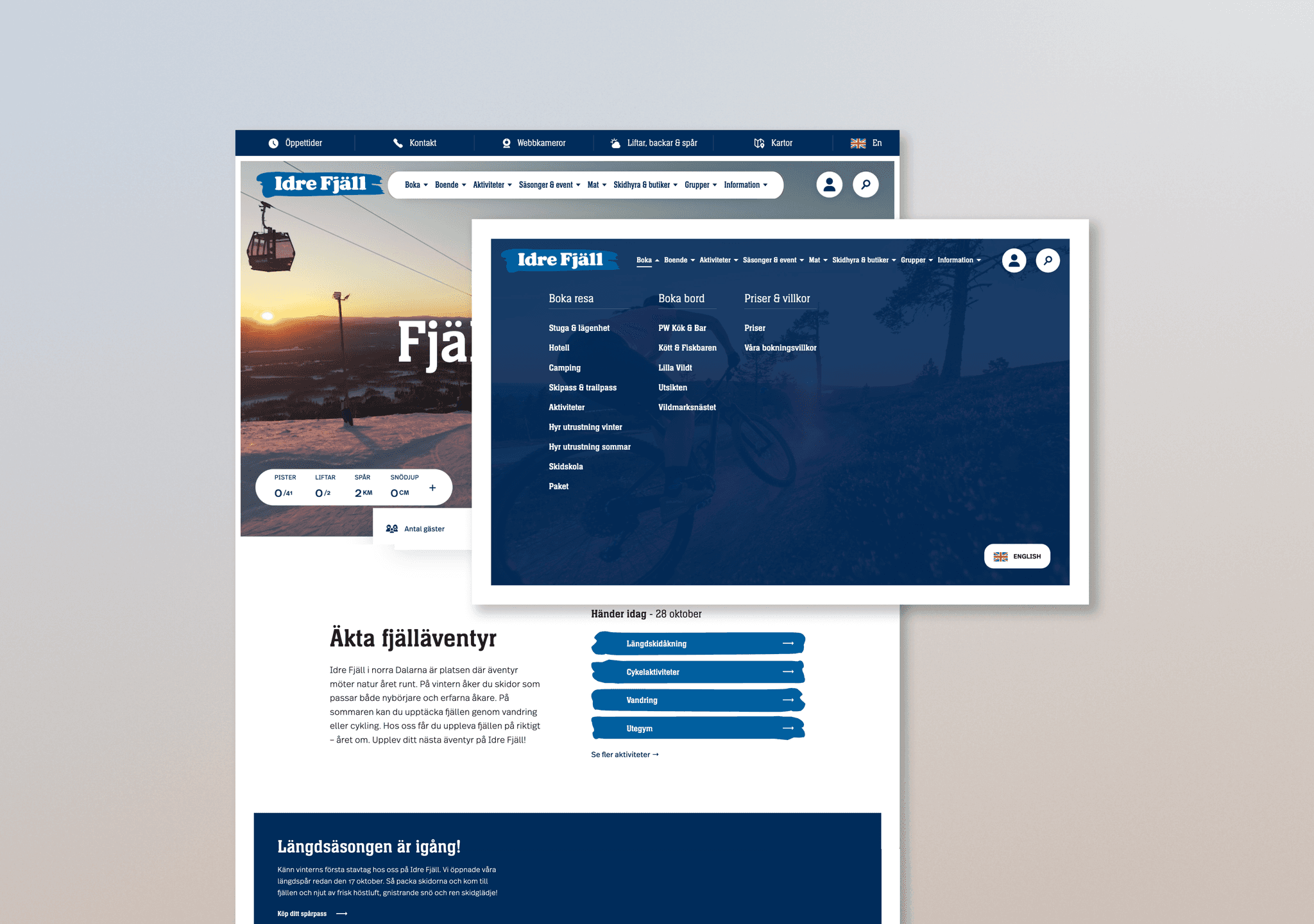 Screenshot of the Idre Fjäll website showing the main navigation menu and start page