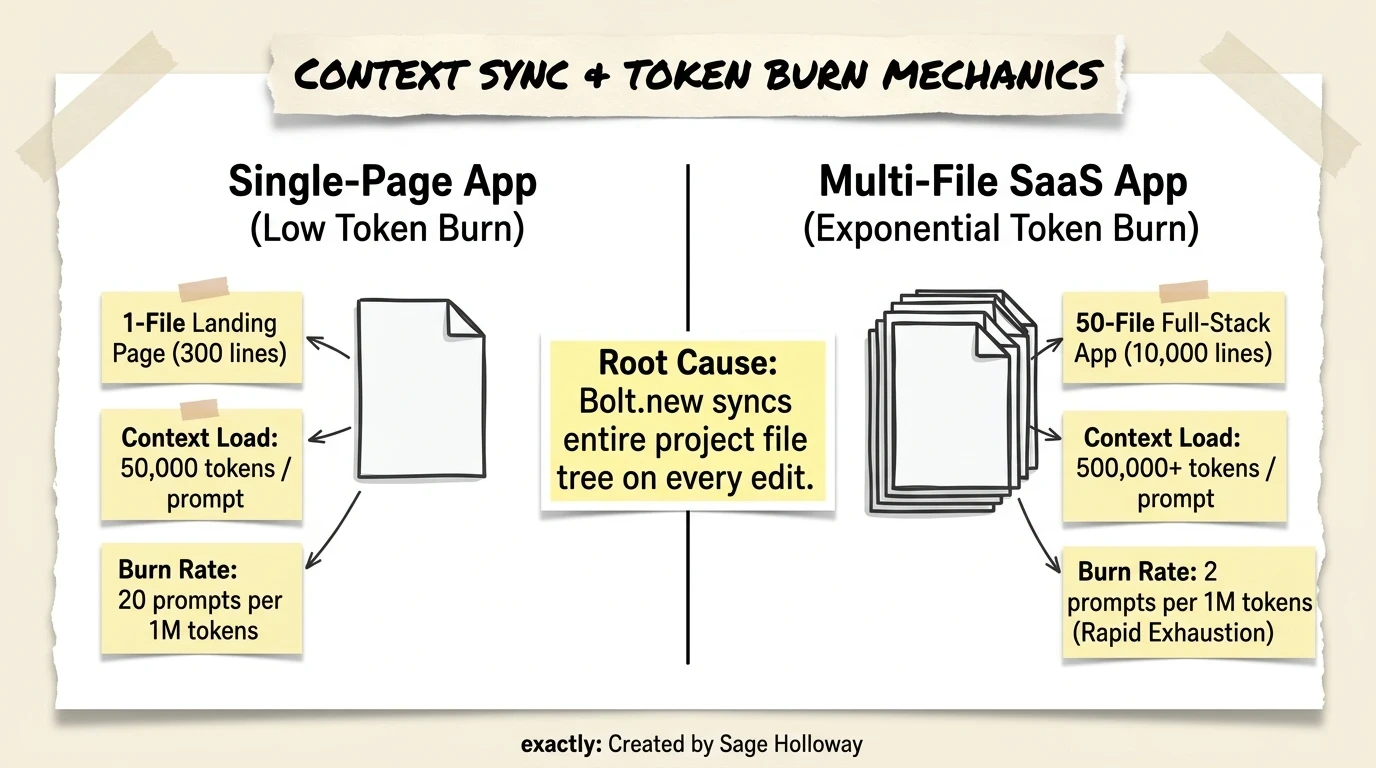 Scrapbook diagram explaining full-repository context synchronization and exponential token consumption curves