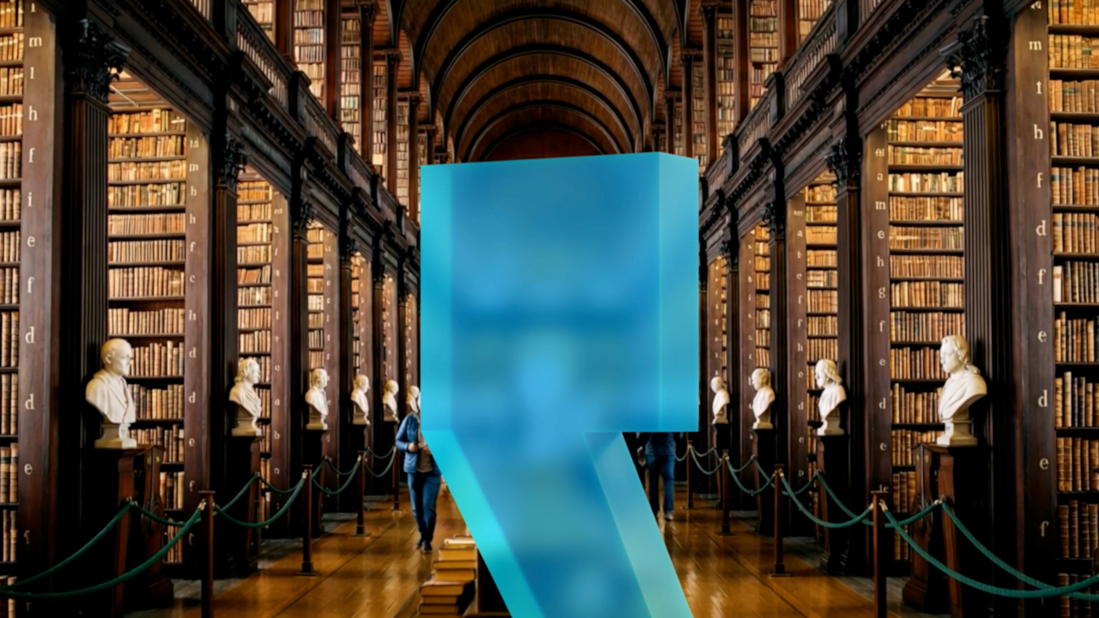 Blue 3D quotation mark floating inside a library