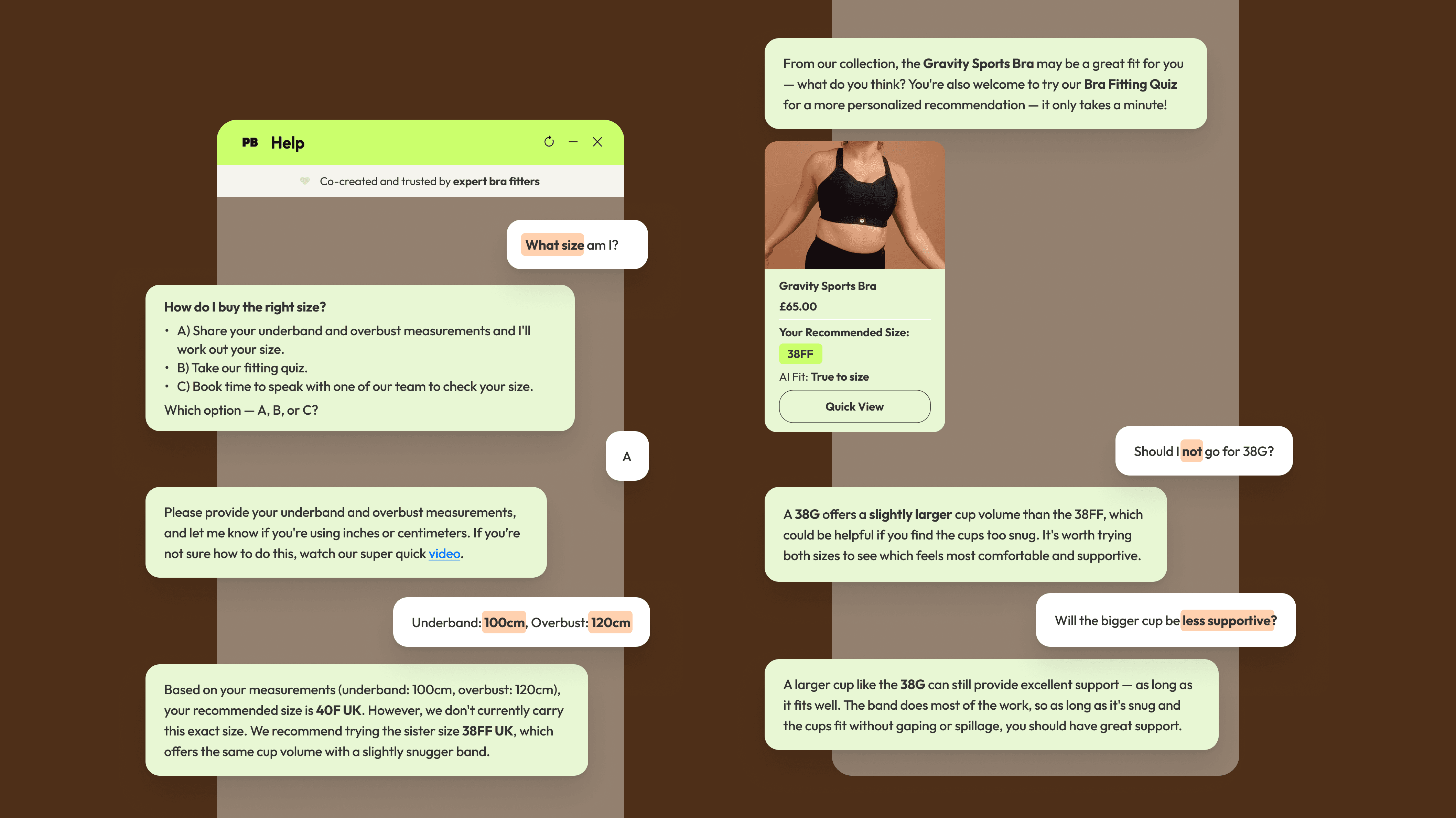 A chat interface mockup demonstrating Brarista's sister sizing logic. The AI calculates a size based on user measurements, recommends a 38FF UK Gravity Sports Bra as an alternative to an unavailable 40F UK, and expertly answers follow-up questions about cup volume and support.
