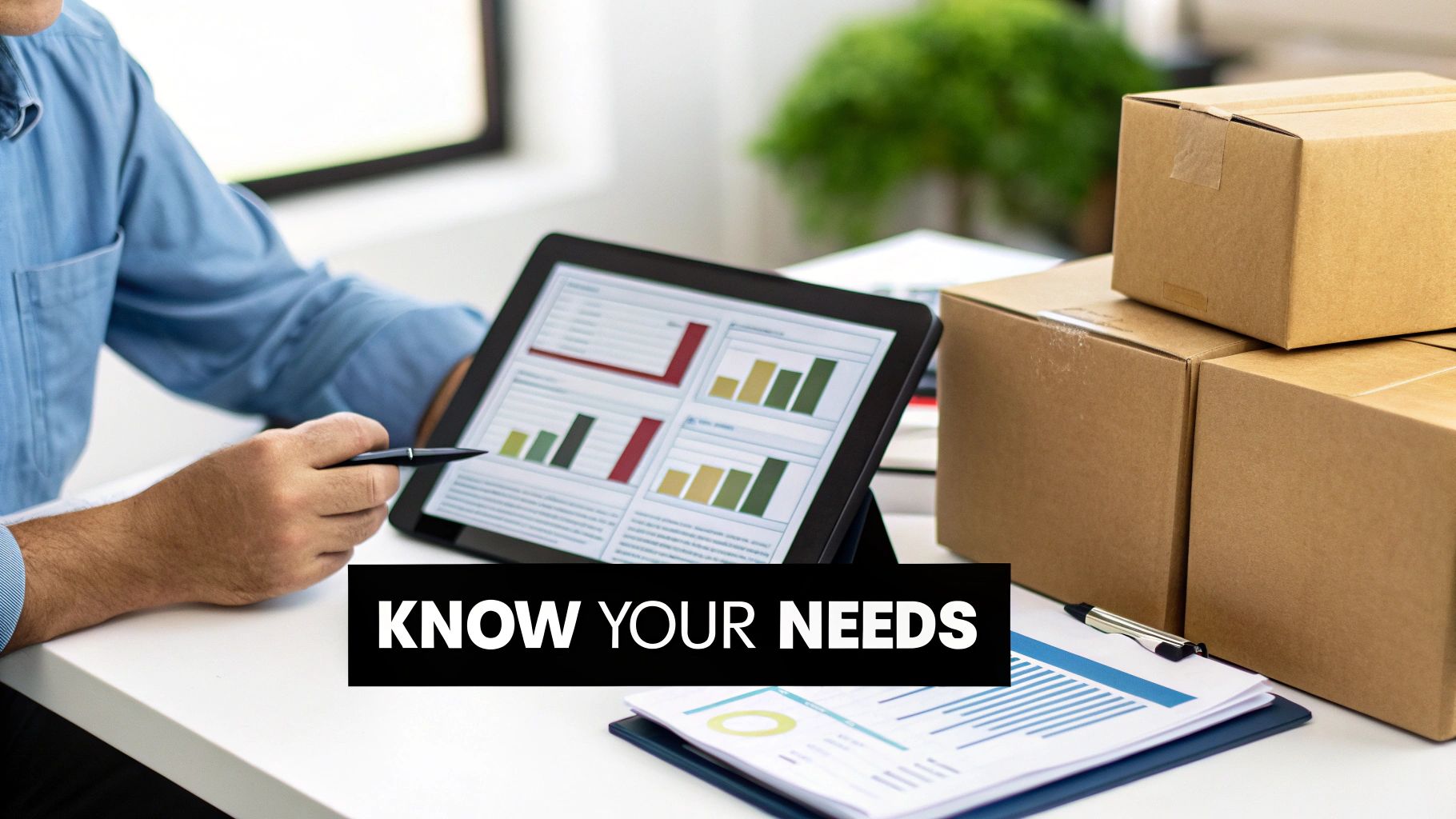 A person using a checklist to audit their small business shipping needs.