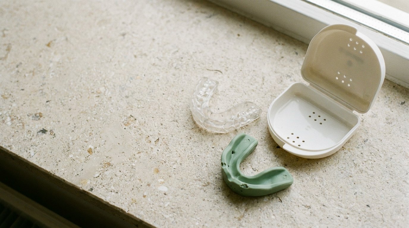A clear custom-style mouthguard and a green boil-and-bite mouthguard beside an open case