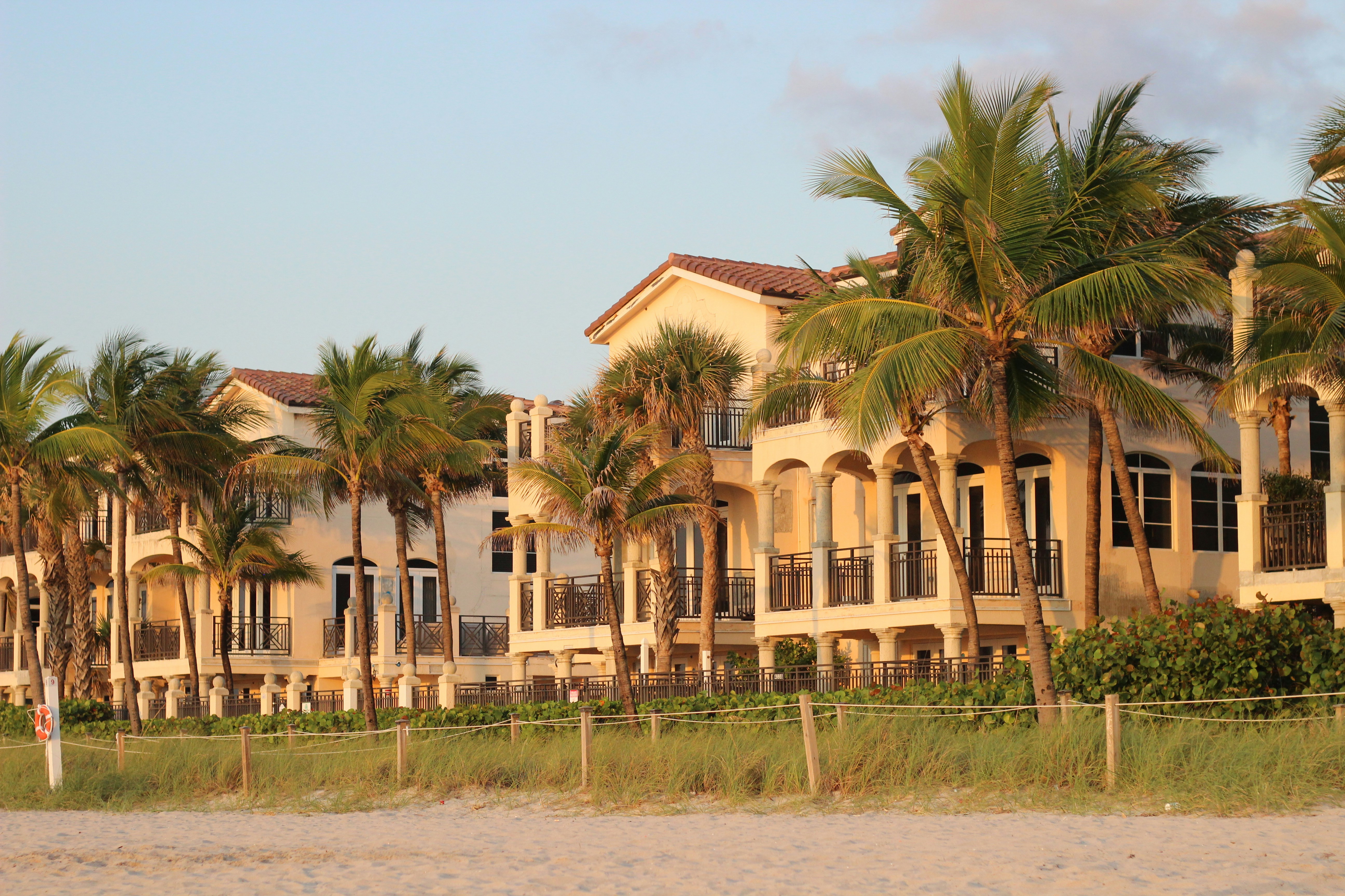 A row of houses on a beach with palm trees