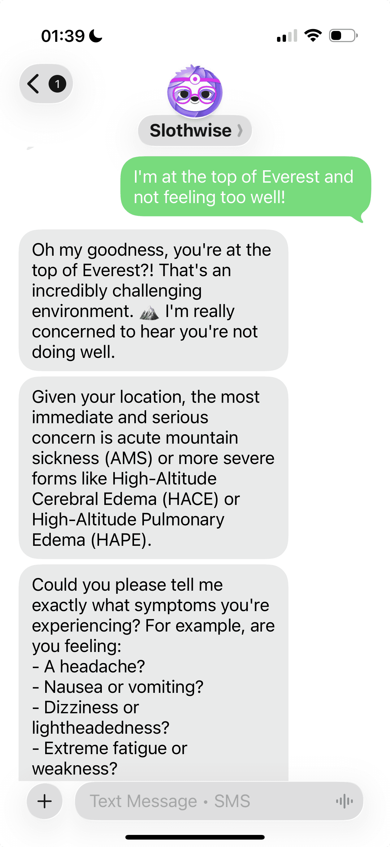 Screenshot of Slothwise text message interface showing AI health assistant responding to a user feeling unwell at high altitude with guidance about acute mountain sickness in light mode