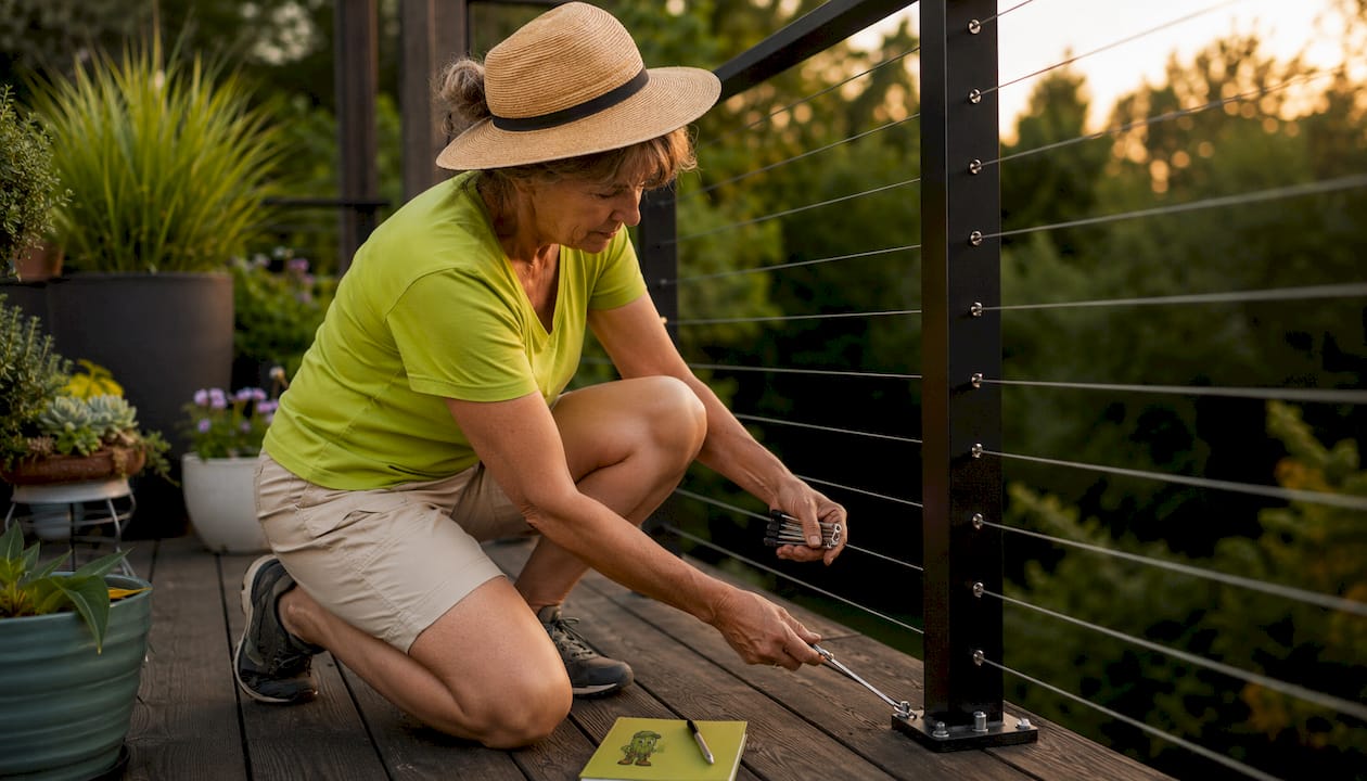 Woman tightening cable railing outdoors