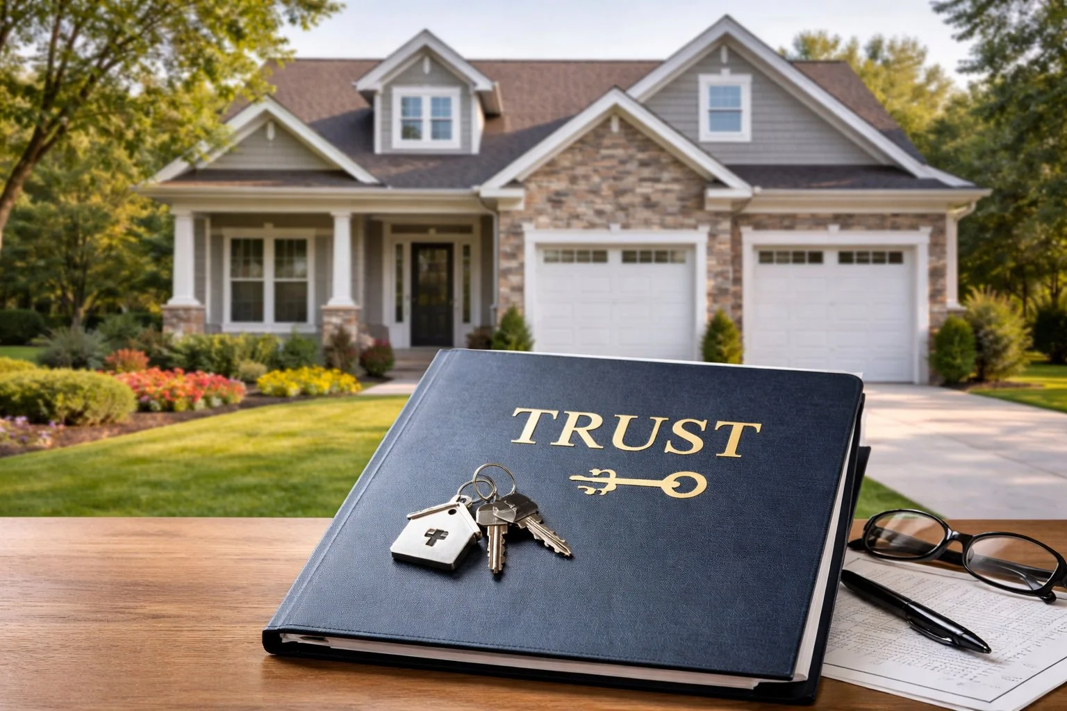 Residential property with a trust document folder displayed in front, illustrating a direct property transfer without court involvement.