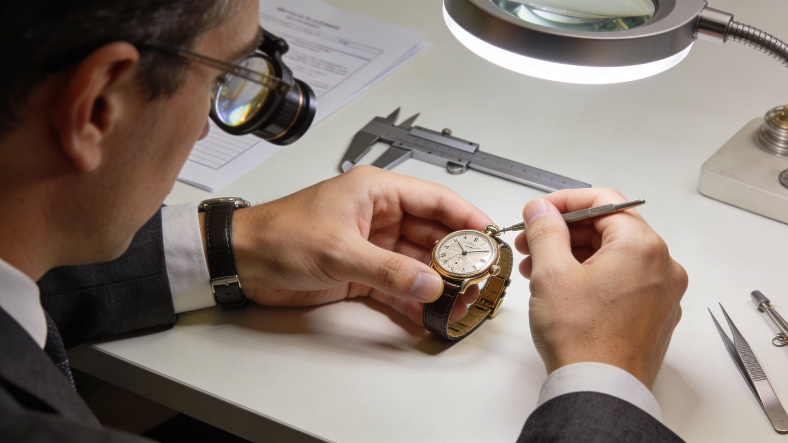 A professional watchmaker examines a vintage timepiece using a jeweler's loupe and precision tools on his workbench.