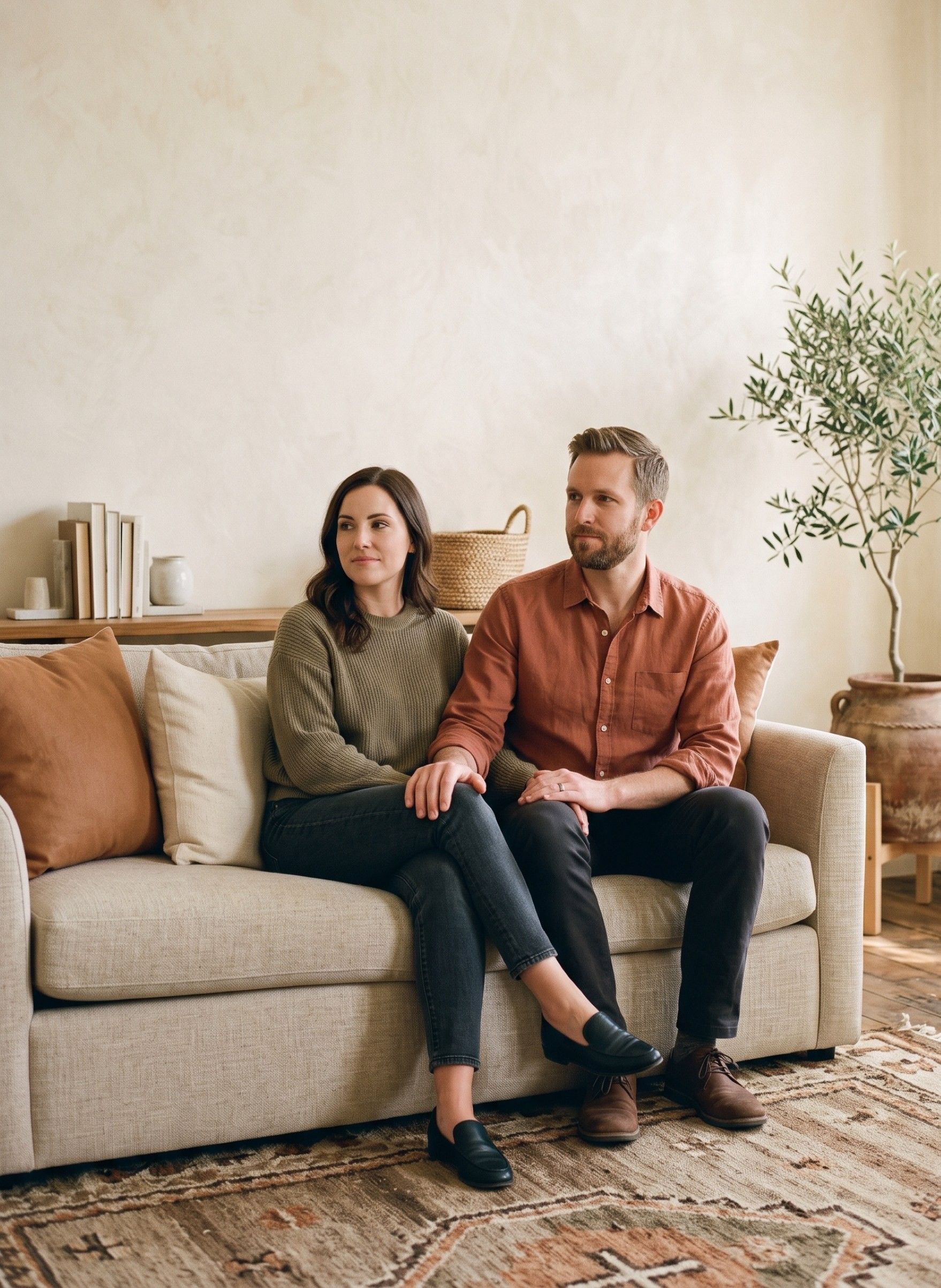 A couple sitting together on a sofa in a therapy room