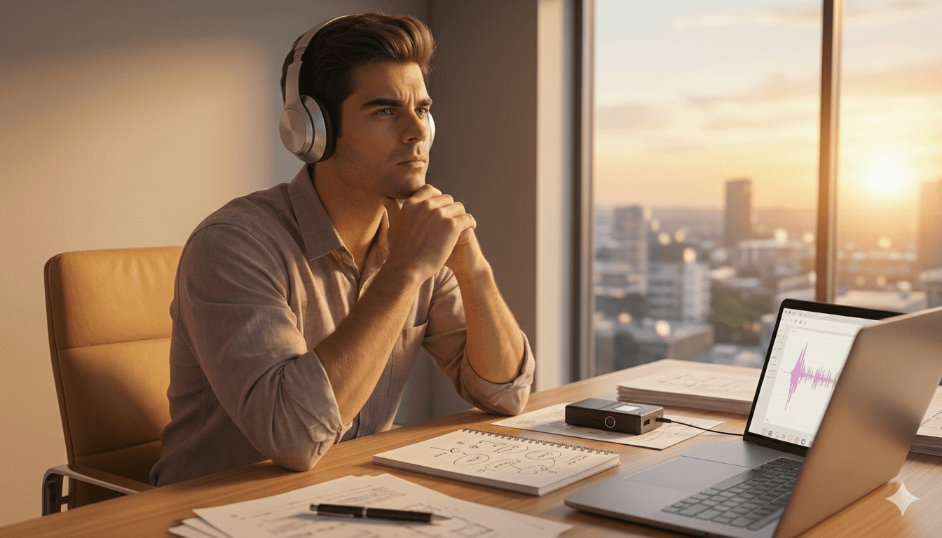 homme au travail écoutant un enregistrement audio