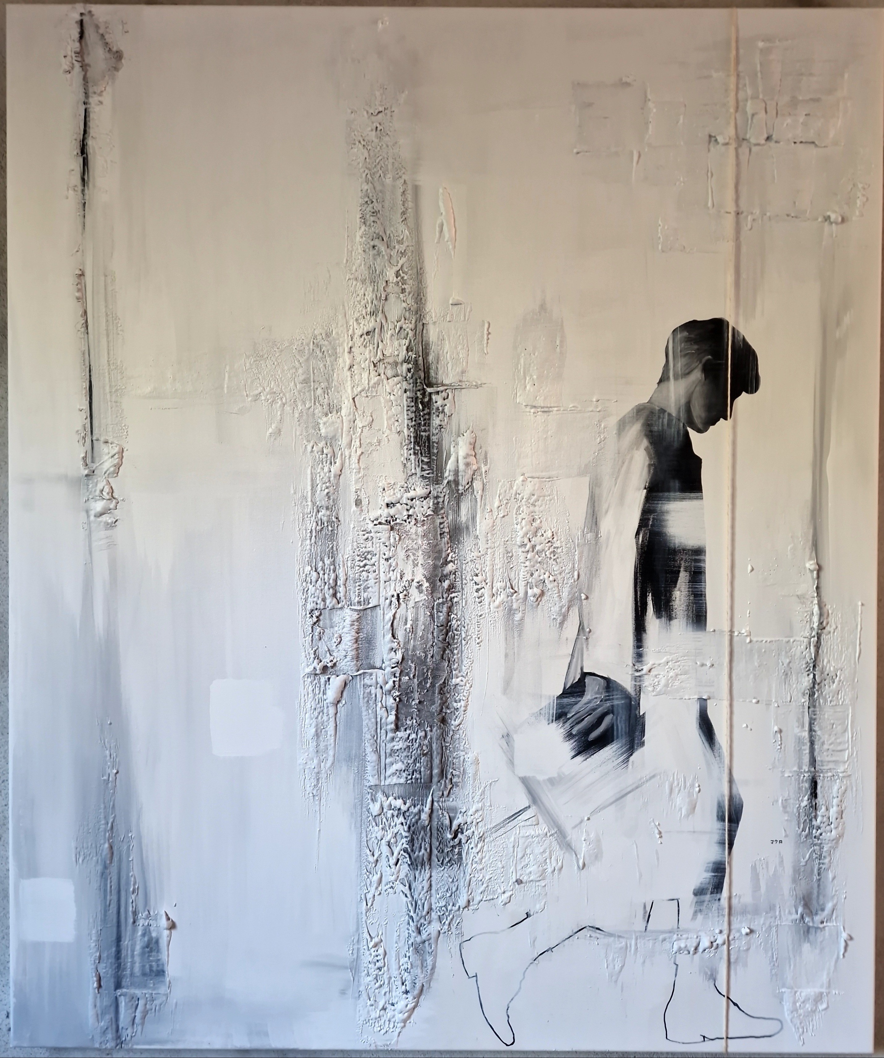 Abstract figurative artwork with dynamic female figure and linear tension, exploring balance between structure and movement