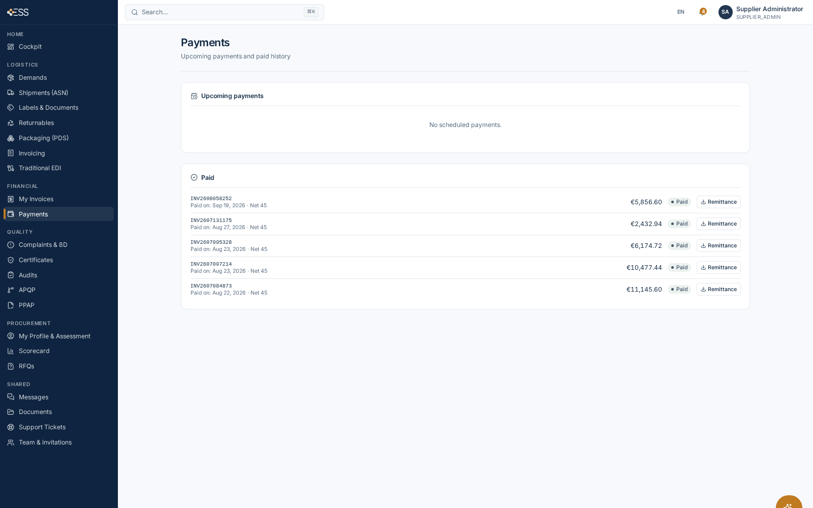 ESS Hub Payments screen: upcoming payments and paid history per invoice with payment date, payment terms, amount, paid status and remittance download.