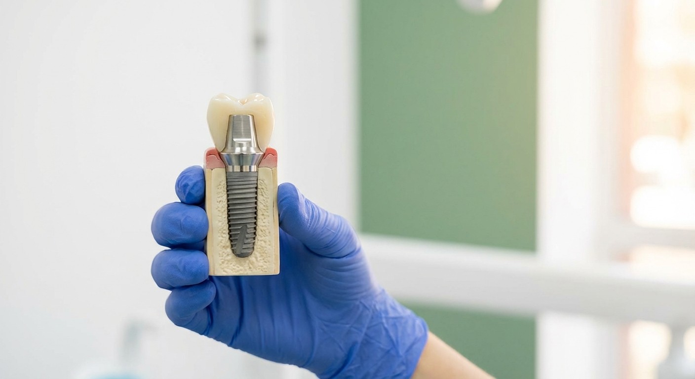 A cross-section implant model showing the titanium post, abutment, and crown layers in a dentist's gloved hand