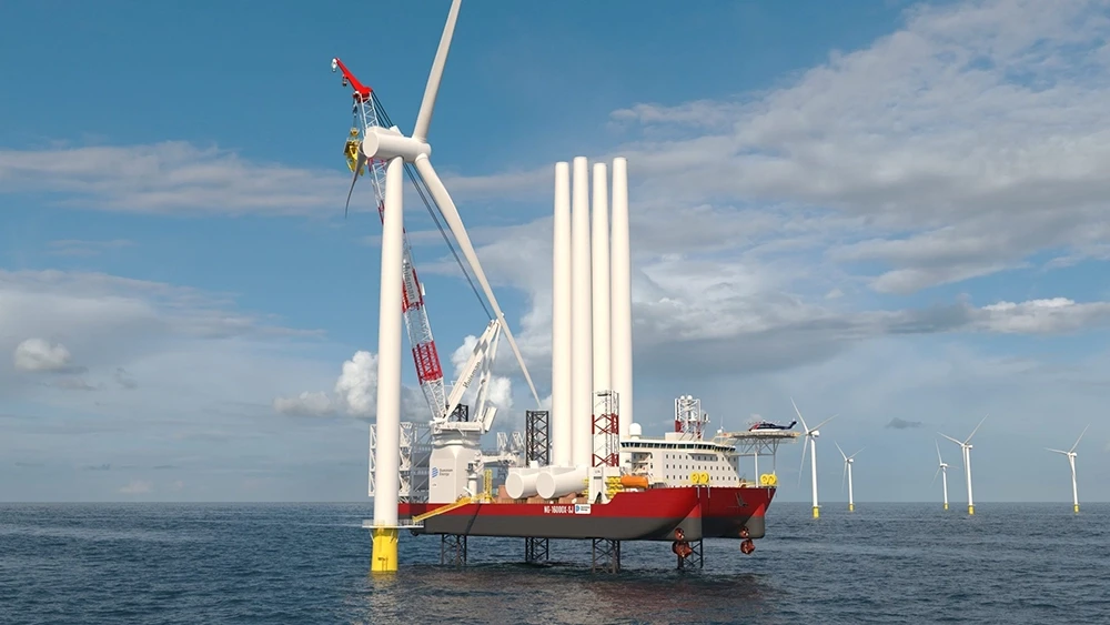 Offshore installation vessel lifting wind turbine components at sea during turbine installation