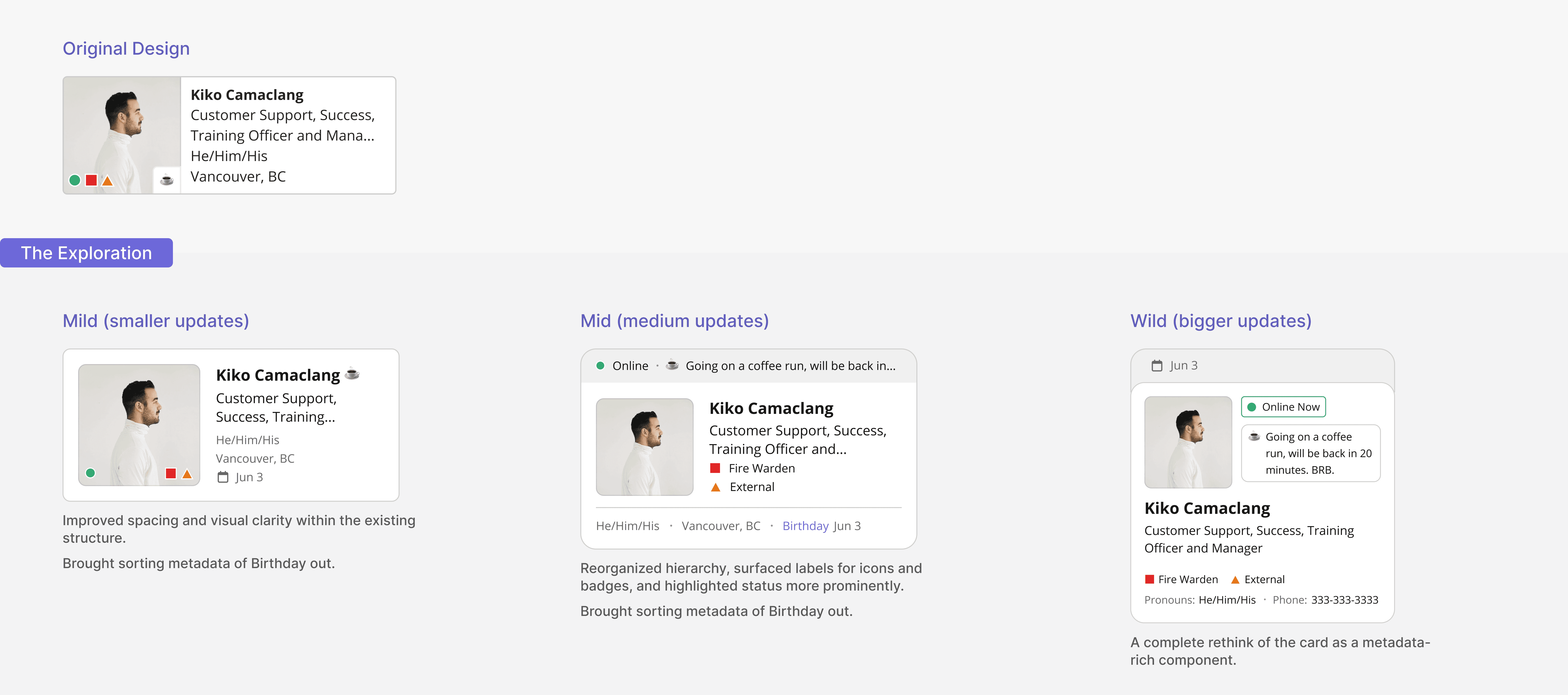 Screenshot showing three design exploration options for the People Card when sorting by join date. The original design hides the sort value and truncation is not shown on hover.  Mild version (small updates): Keeps the existing structure with better spacing, clearer layout, and truncation visible on hover. Mid version (medium updates): Reorganized hierarchy, surfaced labels for icons and badges, and highlighted status more prominently. Truncation shown on hover. Wild version (large updates): A complete rethink of the card as a metadata-rich component, showing status and details in a more expanded layout.