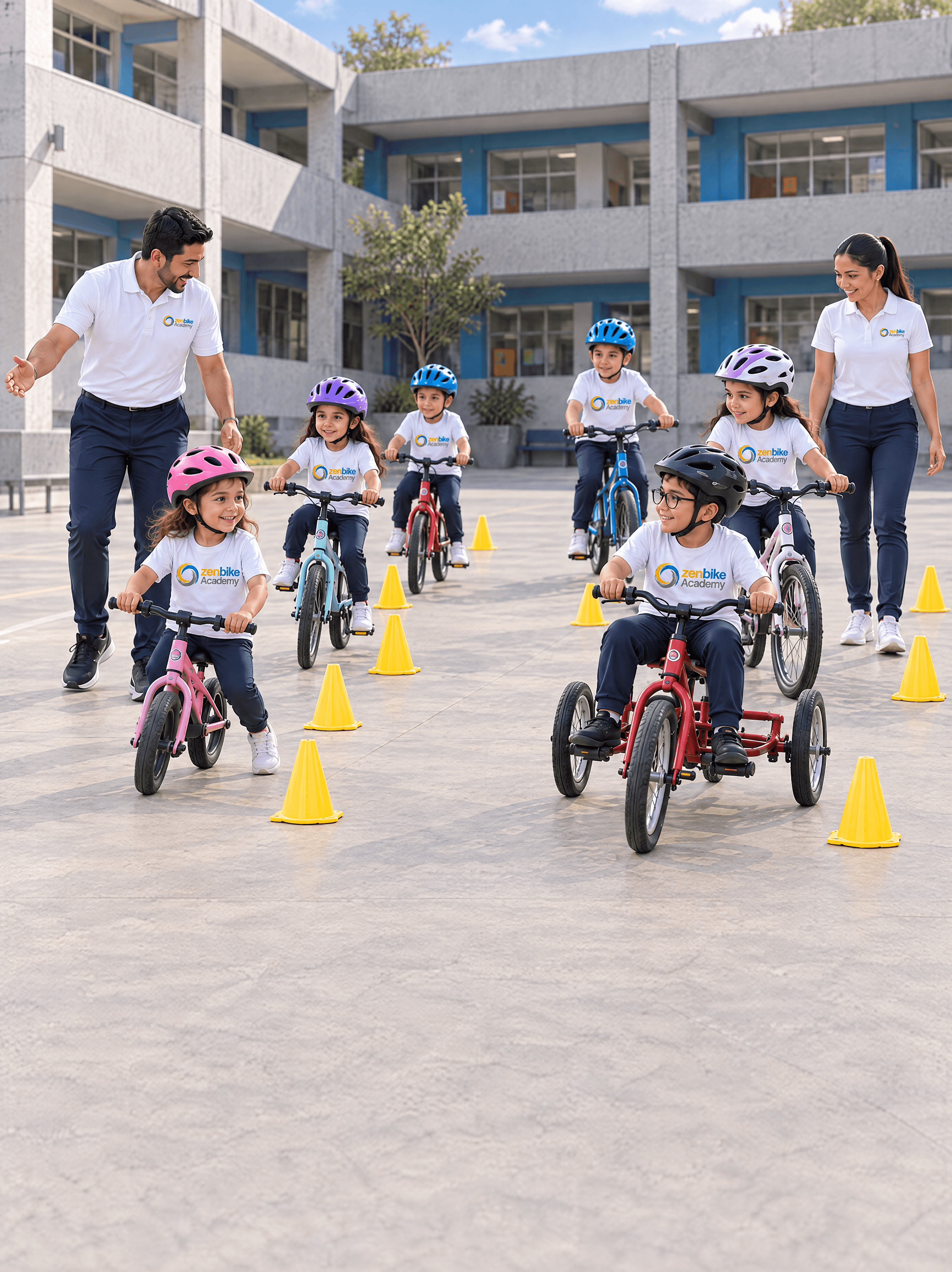 Escena ilustrativa de aprendizaje ciclista infantil acompañado