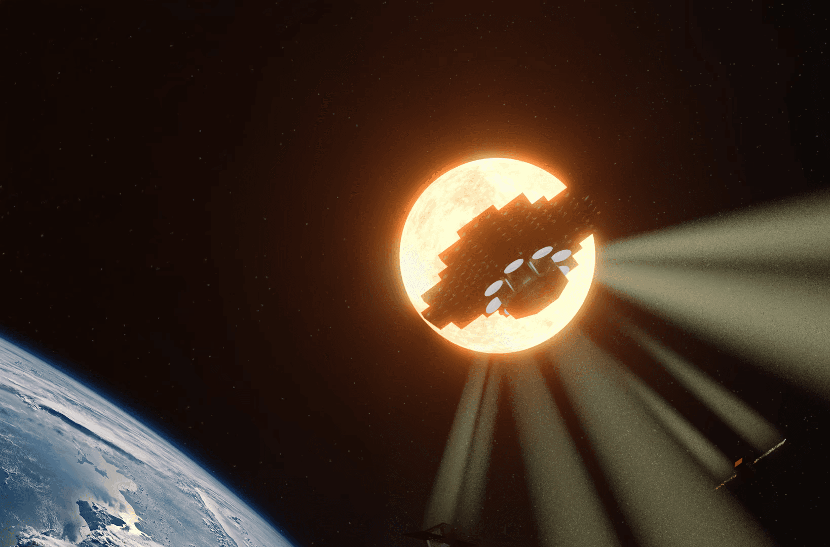 Star Catcher Power Node transmitting power via beams of concentrated light to various satellites with a large Sun silhouetting it and Earth in background