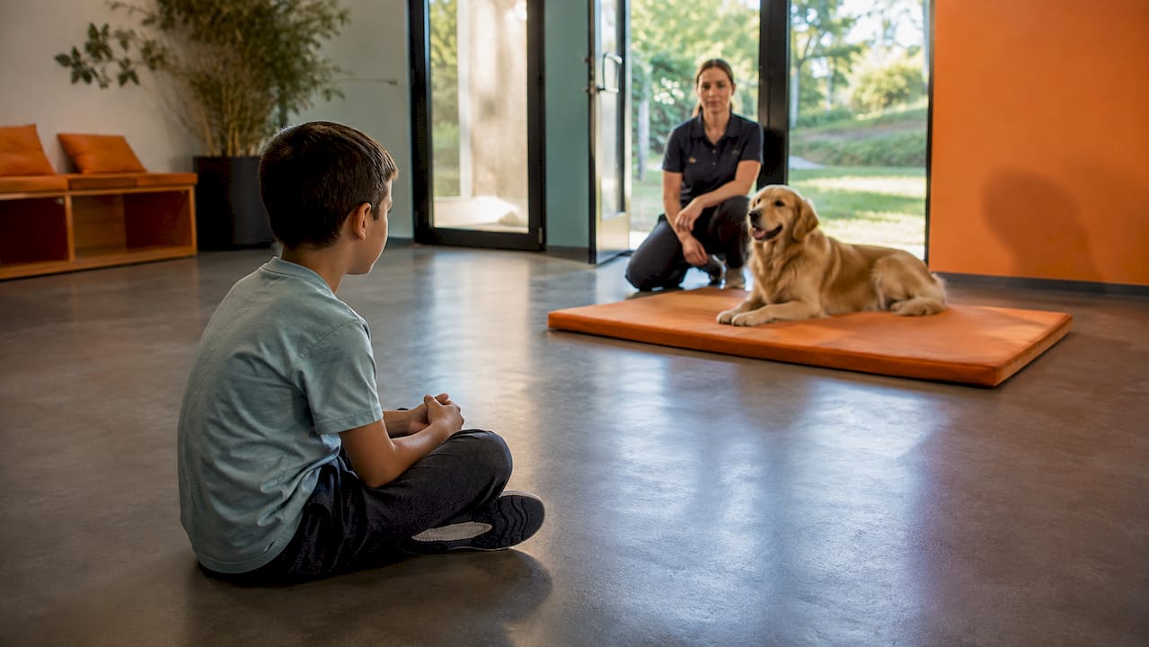 Niño mirando a un perro de terapia desde lejos