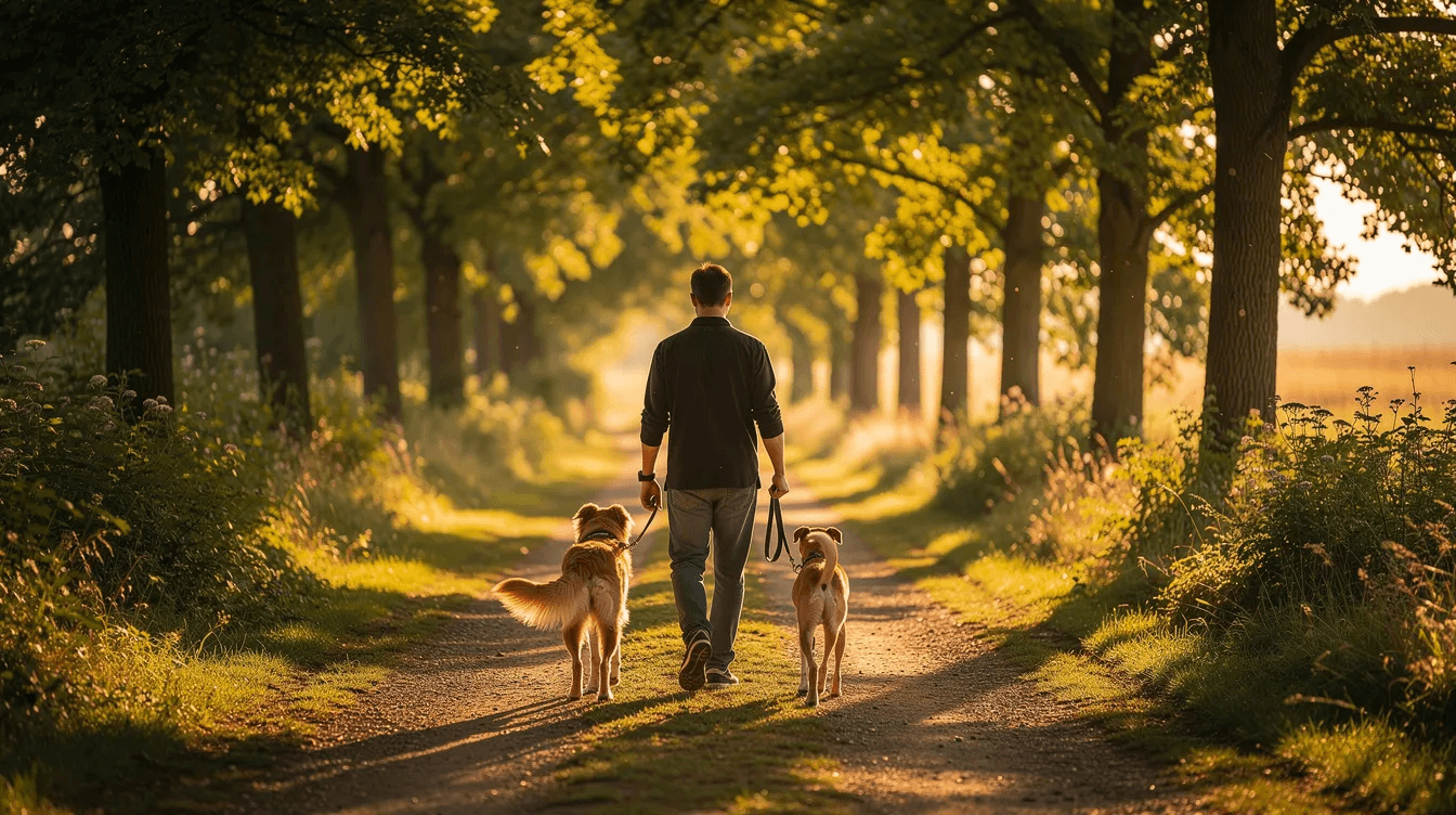 A person is walking two dogs along a serene, tree-lined path during the golden hour, with warm sunlight filtering through the leaves. This scene highlights the joy of companionship between pet owners and their animals, emphasizing the importance of planning for pets' care in the event of the owner's death.