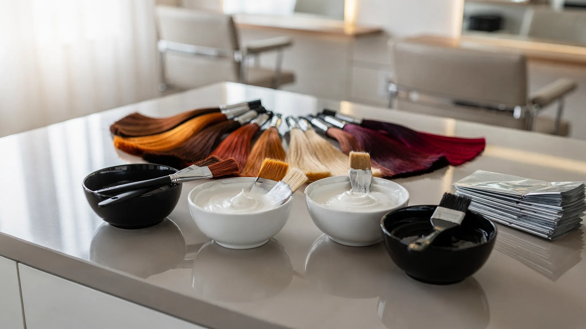 A luxury salon color station with hair swatches, color bowls, brushes, foils, and glossy brunette, copper, blonde, and berry hair samples arranged for a professional consultation.