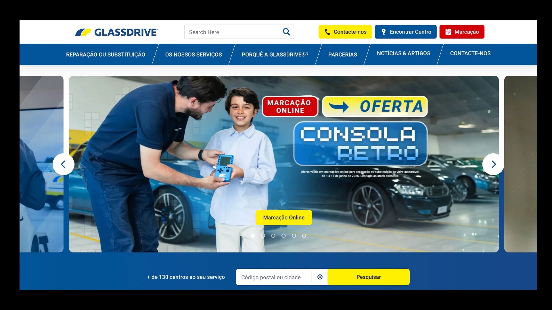 Glassdrive website homepage design with booking search bar and retro console promo banner