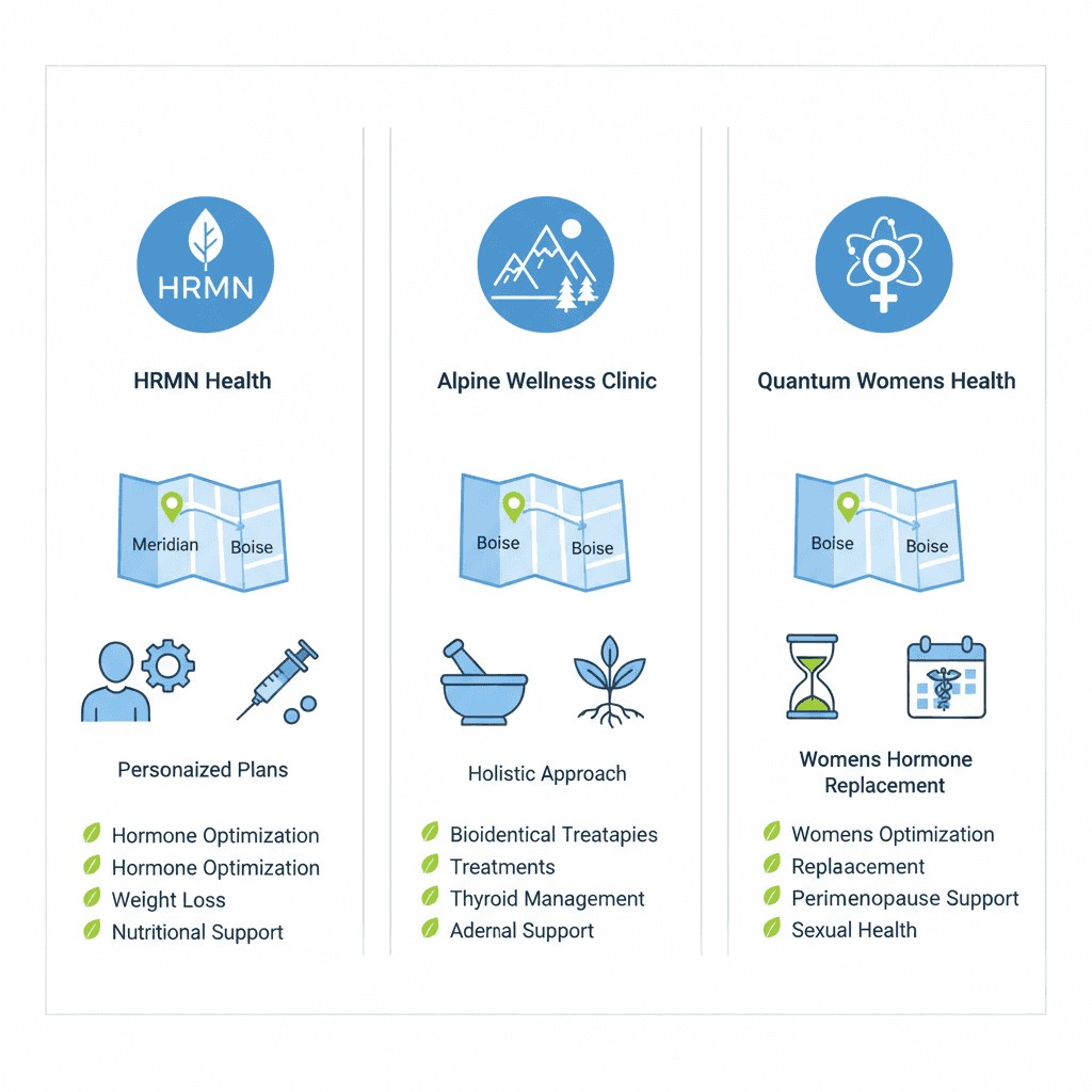 Infographic comparing bioidentical hormone therapy providers HRMN Health, Alpine Wellness Clinic, and Quantum Women's Health near Boise, Idaho