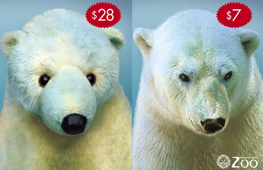 Advertisement from the Buenos Aires Zoo showing a white stuffed polar bear priced at $28 next to a real polar bear priced at $7.