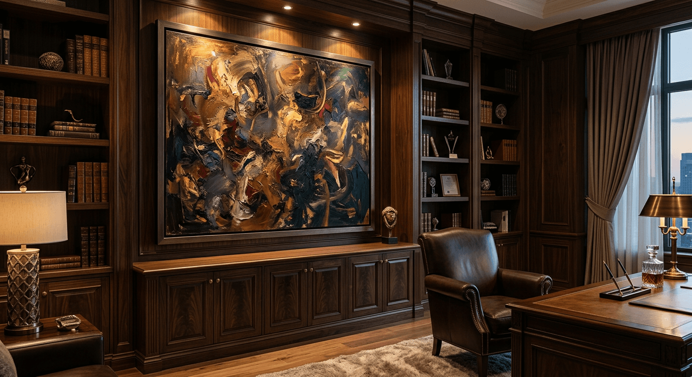 Grande toile abstraite aux couleurs profondes et luxueuses accrochée dans un bureau de direction haut de gamme, illustrant l'intégration d'une œuvre d'art de prestige comme actif d'entreprise.