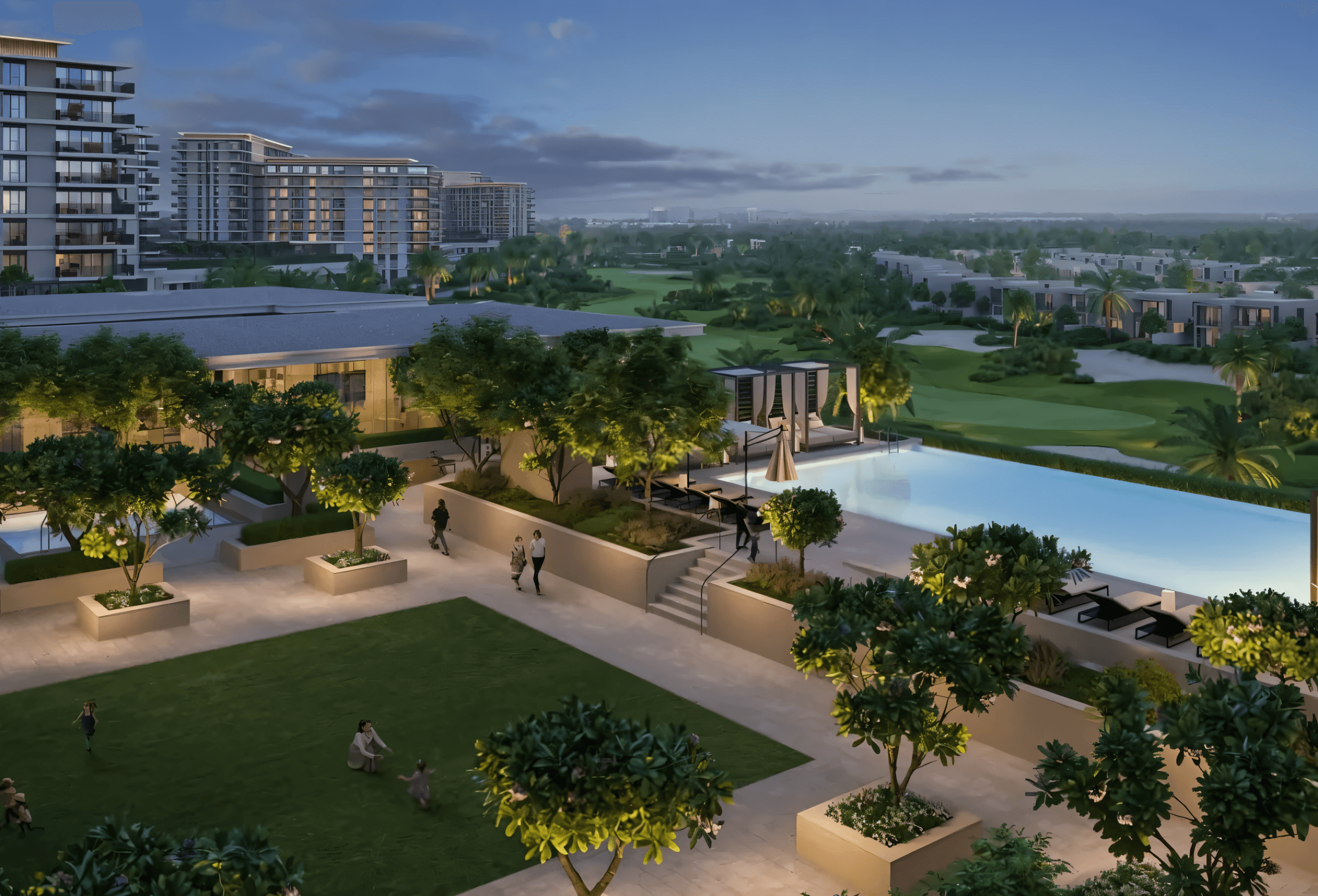  The skyline of Dubai is visible in the distance, framed by the lush greenery of Golf Hills 2.