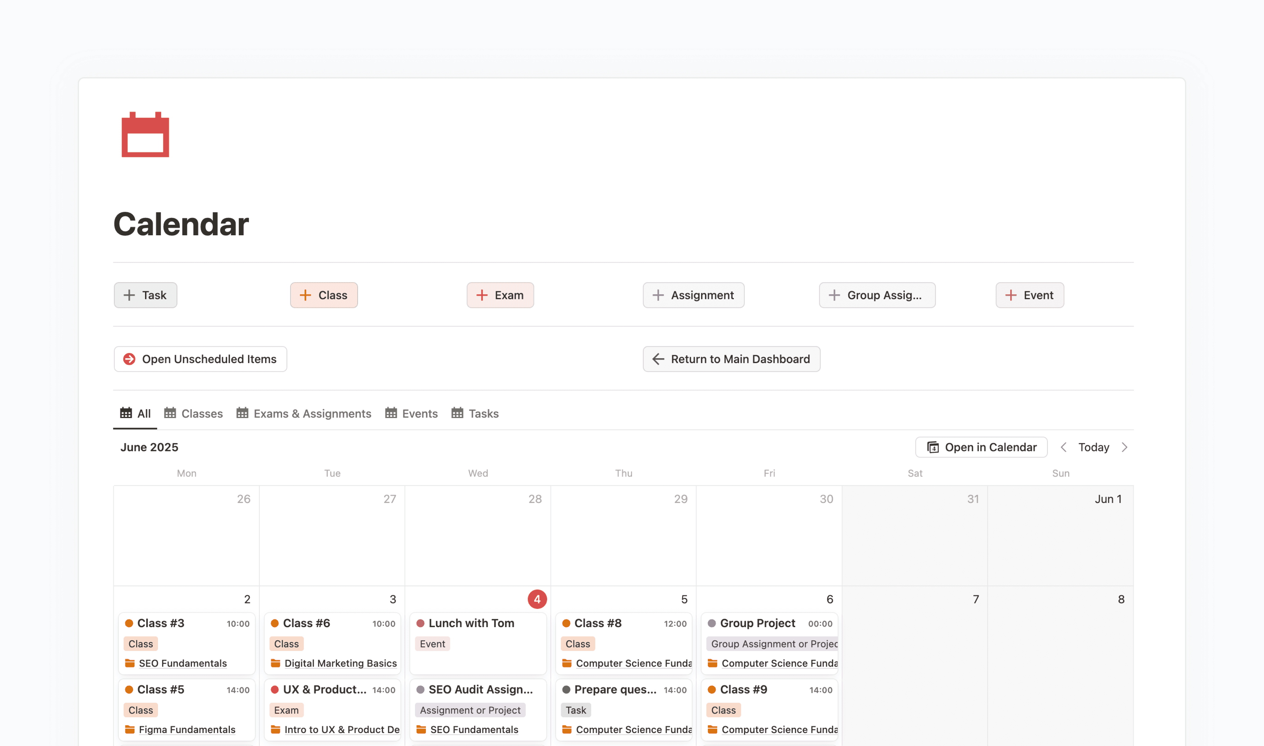 The calendar page of the Student Smart Dashboard showing a calendar and several buttons to add something to it