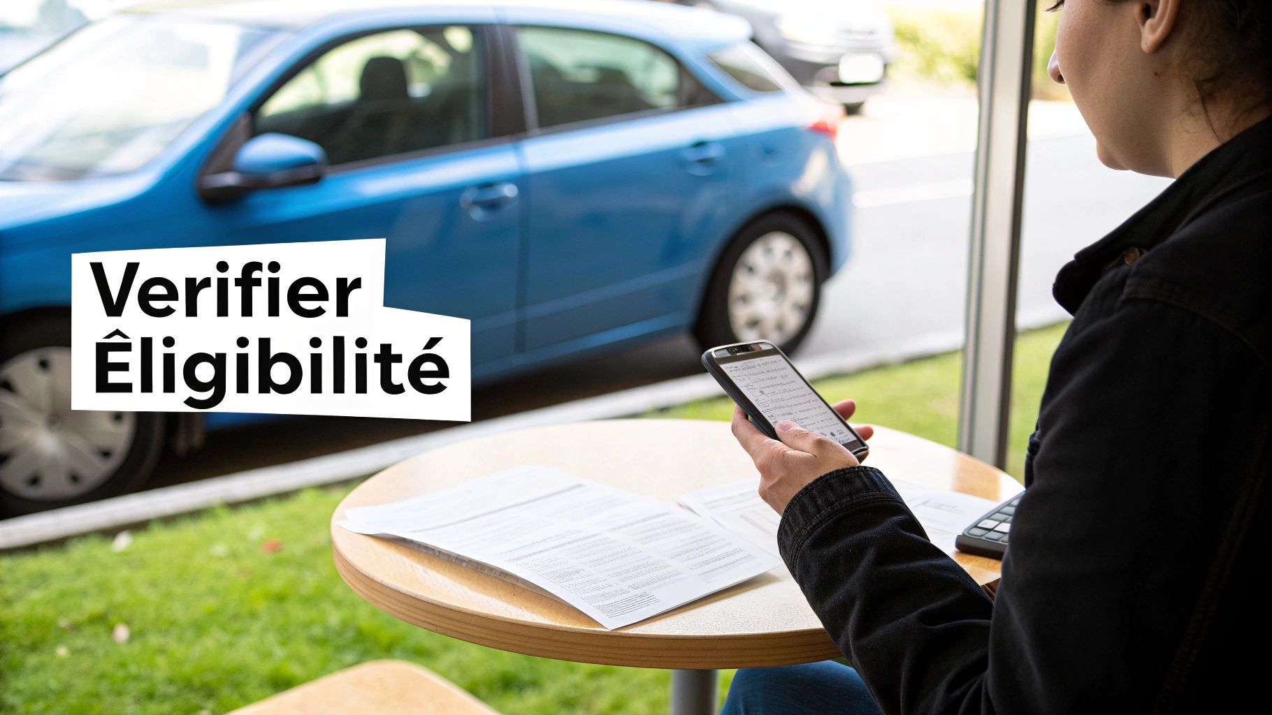 Une personne consulte son smartphone pour vérifier son éligibilité, avec des documents sur une table en bois et une voiture bleue visible à l'extérieur.