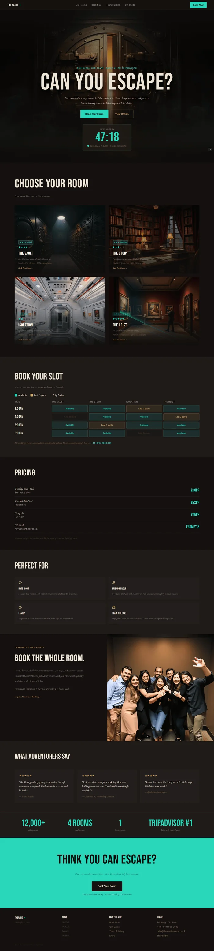 Full preview of a dark near-black escape room website with electric teal and aged gold accents and Bebas Neue display type. A live countdown timer in the hero, colour-coded booking calendar, and four atmospheric room cards with difficulty badges build tension and urgency.