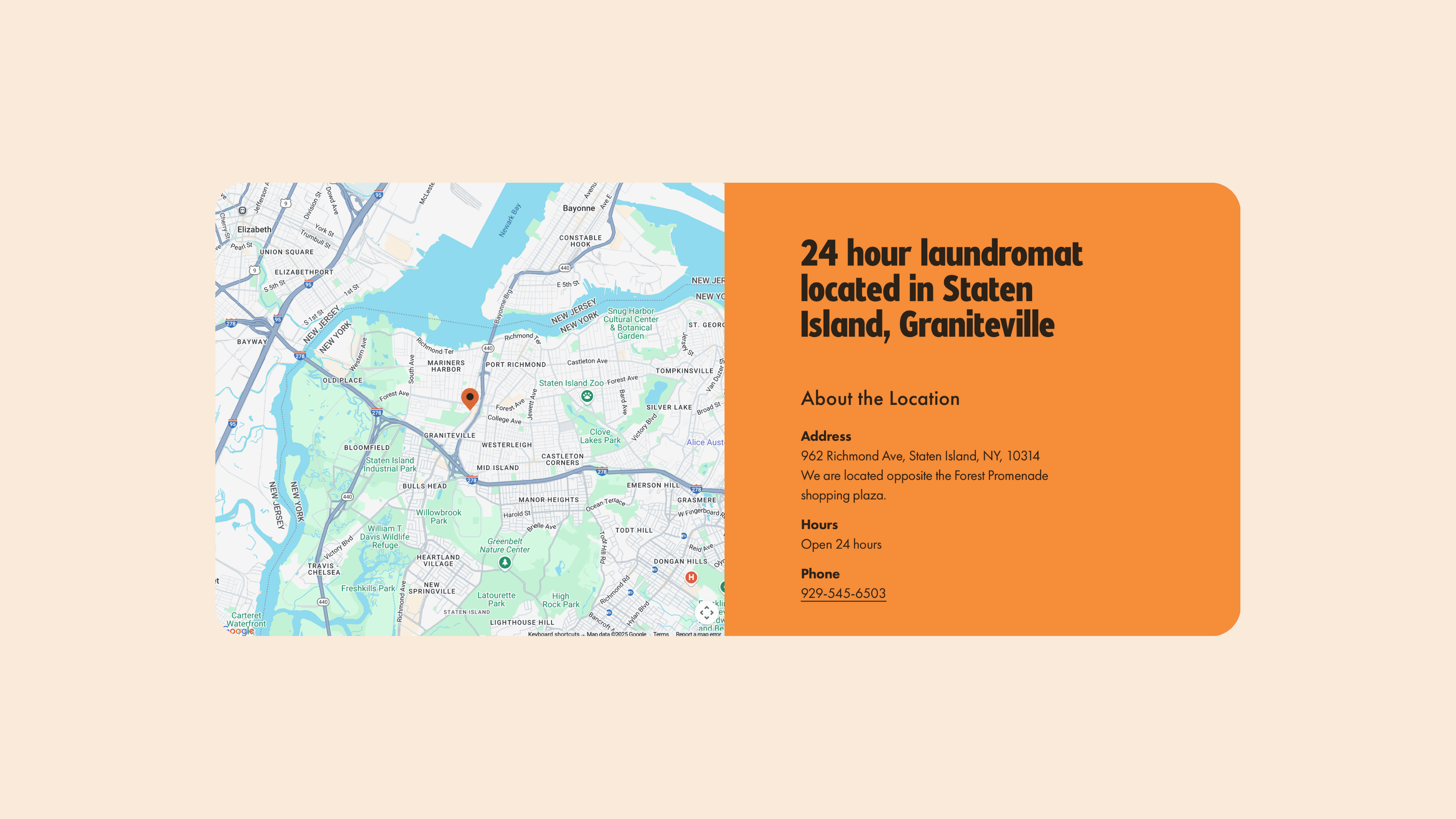 Map showing laundromat location in New York with contact details, designed for laundromat local SEO and customer directions.
