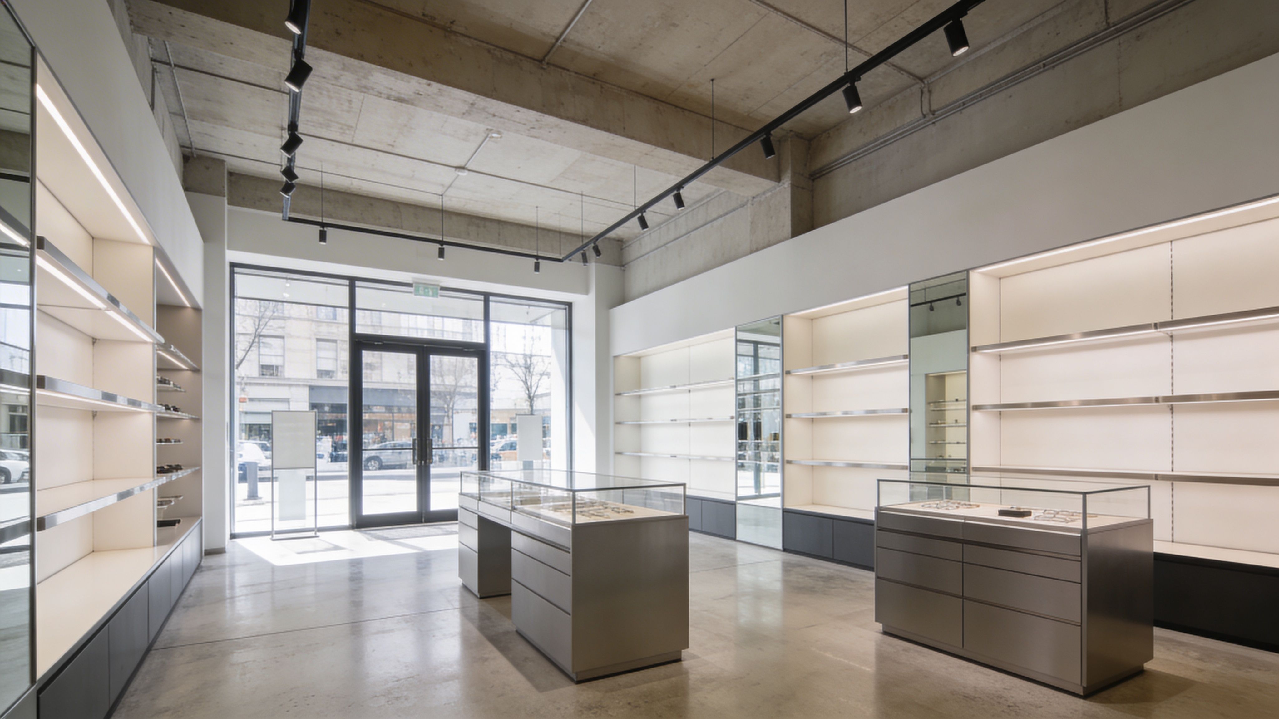 Minimalist retail interior with empty display shelves, glass cases, and polished concrete flooring