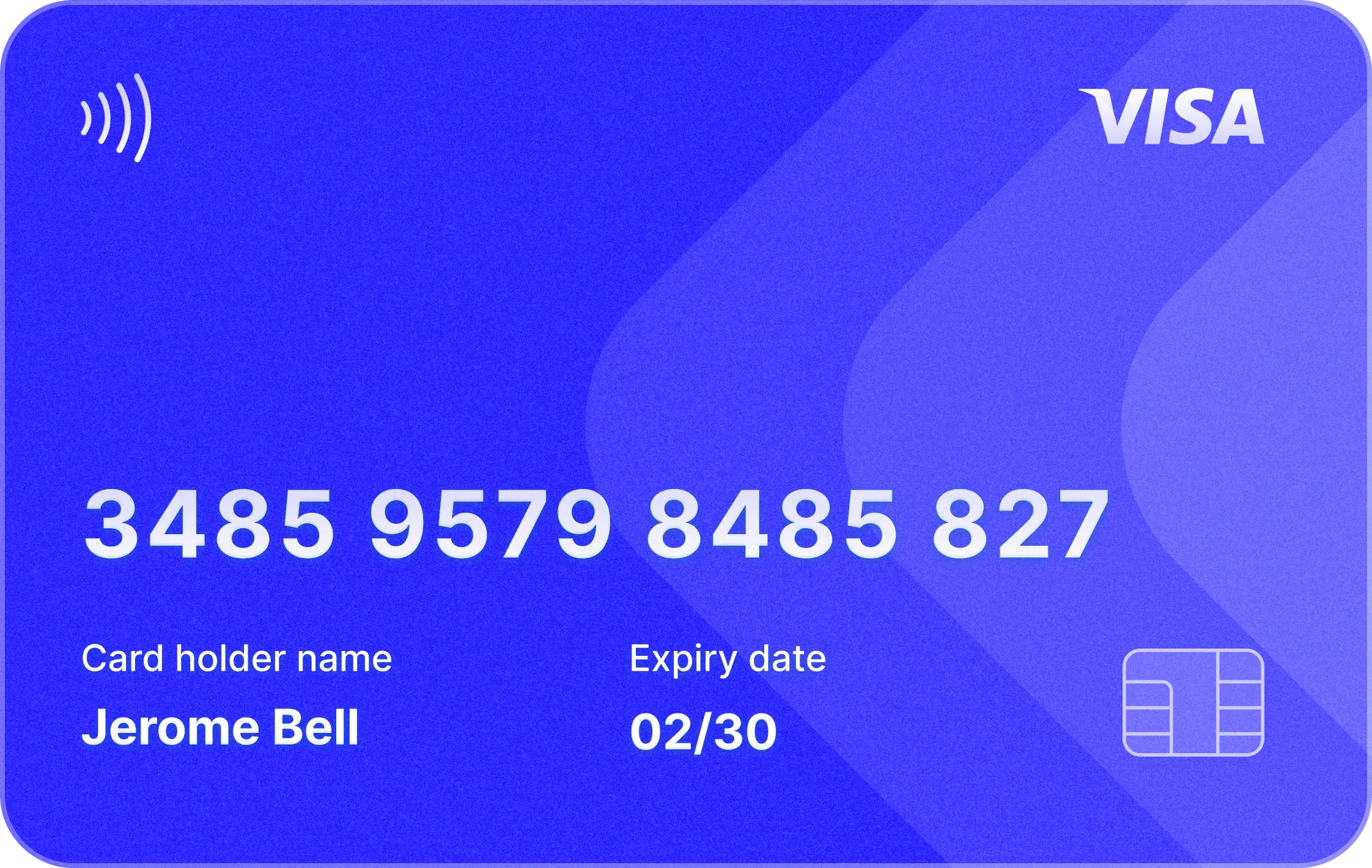 A blue credit card featuring a chip, card number, and an abstract design.