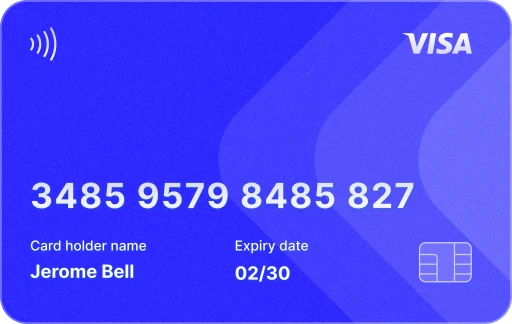 A blue credit card featuring a chip, card number, and an abstract design.